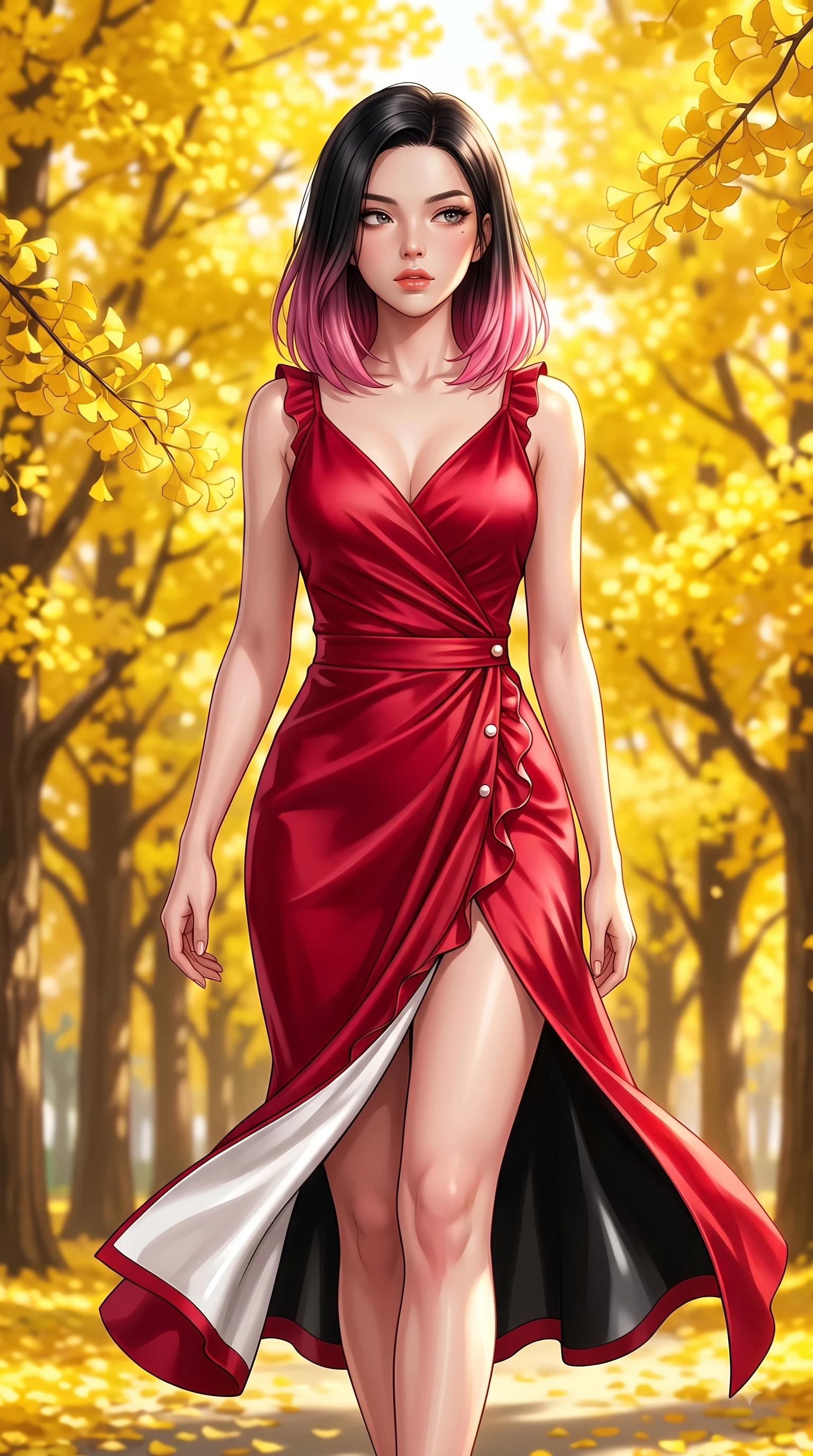 score_9, masterpiece, best quality, ultra-detailed, high-budget anime keyframe, editorial fashion photography, tasteful artistic composition, Korean woman. close-up cowboy shot from the waist and thighs up, the character dominates the composition, filling the frame with her large presence. Seductively magnetic look casting a fiery side-gaze with full glossy lips and smoldering glamour while walking dynamically down a sunlit park avenue lined with golden yellow ginkgo trees. The composition keeps background elements in soft focus with dreamy bokeh. dense canopies of bright yellow ginkgo leaves blurred into a radiant golden bokeh backdrop. She has an exceptionally elegant, slender, and willowy female figure with an ultra-slim waist, a gracefully sculpted slender torso, and a refined silhouette. sharp v-shaped jawline, high-bridge nose, intricate jewel-like eyes with depth, thick eyelashes, glossy lips with a natural sheen, flawlessly proportioned anatomical accuracy, natural body alignment, perfectly sculpted elegant limbs, clean dynamic posture without body distortion. wearing a sleek ruby red wrap midi dress featuring a tasteful side leg slit in monochrome white and glossy black contrast, crafted from smooth liquid silk satin, accented with delicate pearl buttons and refined ruffle trims, the fluid drape swaying gracefully with her dynamic editorial movement. bathed in brilliant golden autumn sunlight and warm tree canopy backlighting. highly saturated vibrant anime colors, detailed shading with soft gradients, rich glossy textures, high-contrast stereoscopic depth, volumetric dynamic lighting, master piece, 9:16 ratio