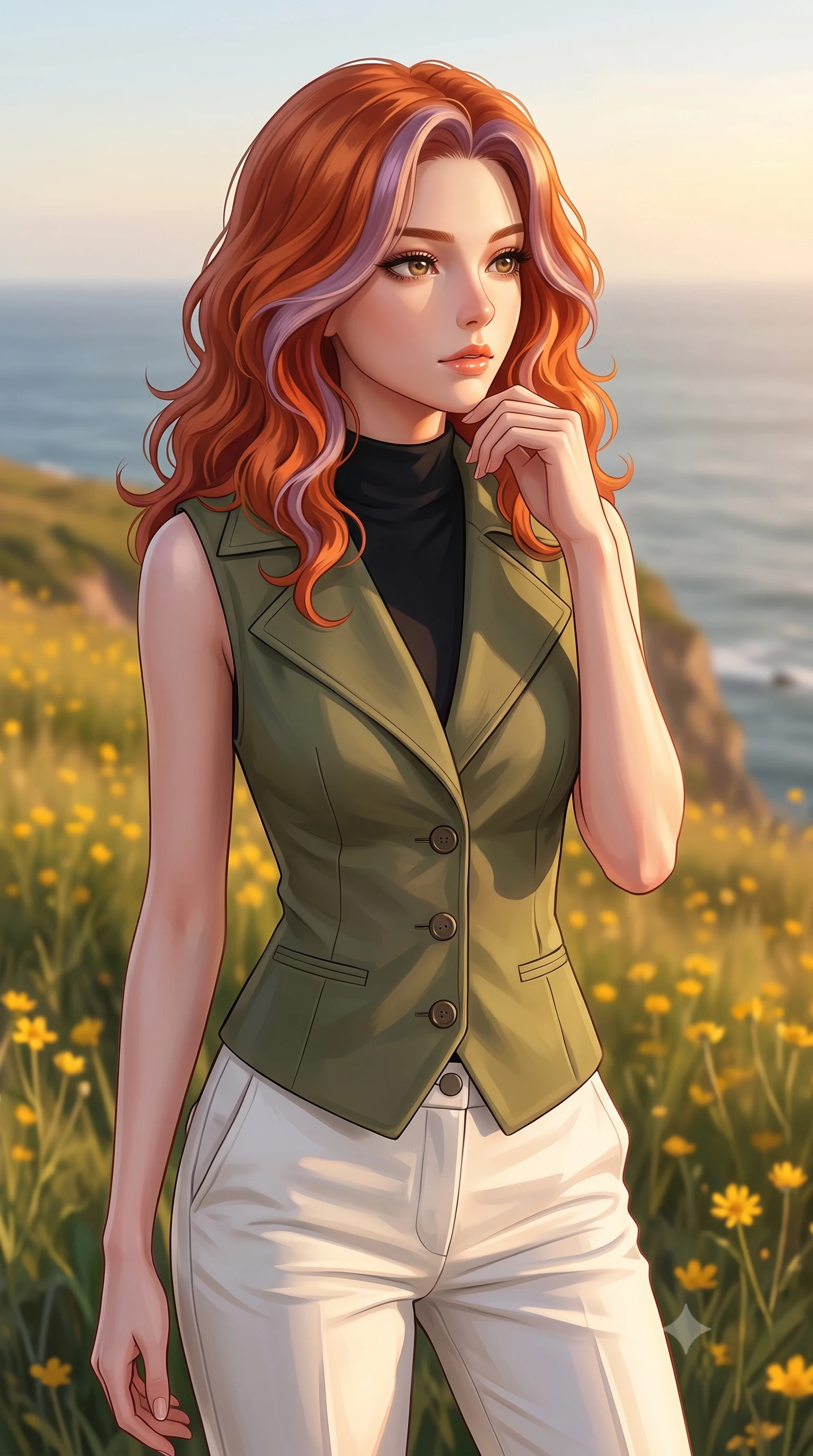 score_9, masterpiece, best quality, ultra-detailed, high-budget anime keyframe, editorial fashion photography, tasteful artistic composition, Caucasian woman woman. close-up cowboy shot from the waist and thighs up, the character dominates the composition, filling the frame with her large presence, background elements kept in soft focus. looking past the camera with a peaceful, thoughtful gaze, enjoying the warm sunlight the background shows a soft-focus a grassy field of wild yellow flowers on a cliff overlooking the ocean. She has an exceptionally elegant, slender, and willowy female figure with an ultra-slim waist, a gracefully sculpted slender torso, and a refined silhouette. sharp v-shaped jawline, high-bridge nose, intricate jewel-like eyes with depth, thick eyelashes, glossy lips with a natural sheen. wearing a tailored tailored olive green trench vest over a black mock-neck shirt and white chino slacks. soft golden afternoon light wrapping the landscape in warmth. 2k, ultra detail, master piece, 9:16 ratio