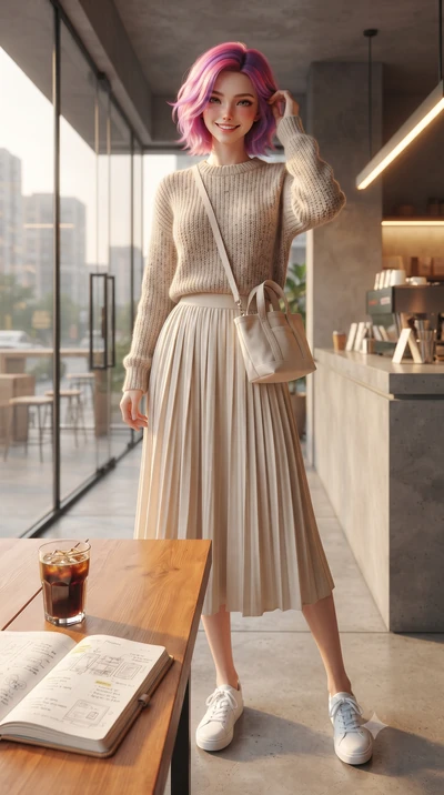 score_9, masterpiece, best quality, ultra-detailed, high-budget anime keyframe, editorial fashion photography, tasteful artistic composition, Caucasian woman. low angle full-body shot from head to toe showing her feet, filling the entire 9:16 vertica