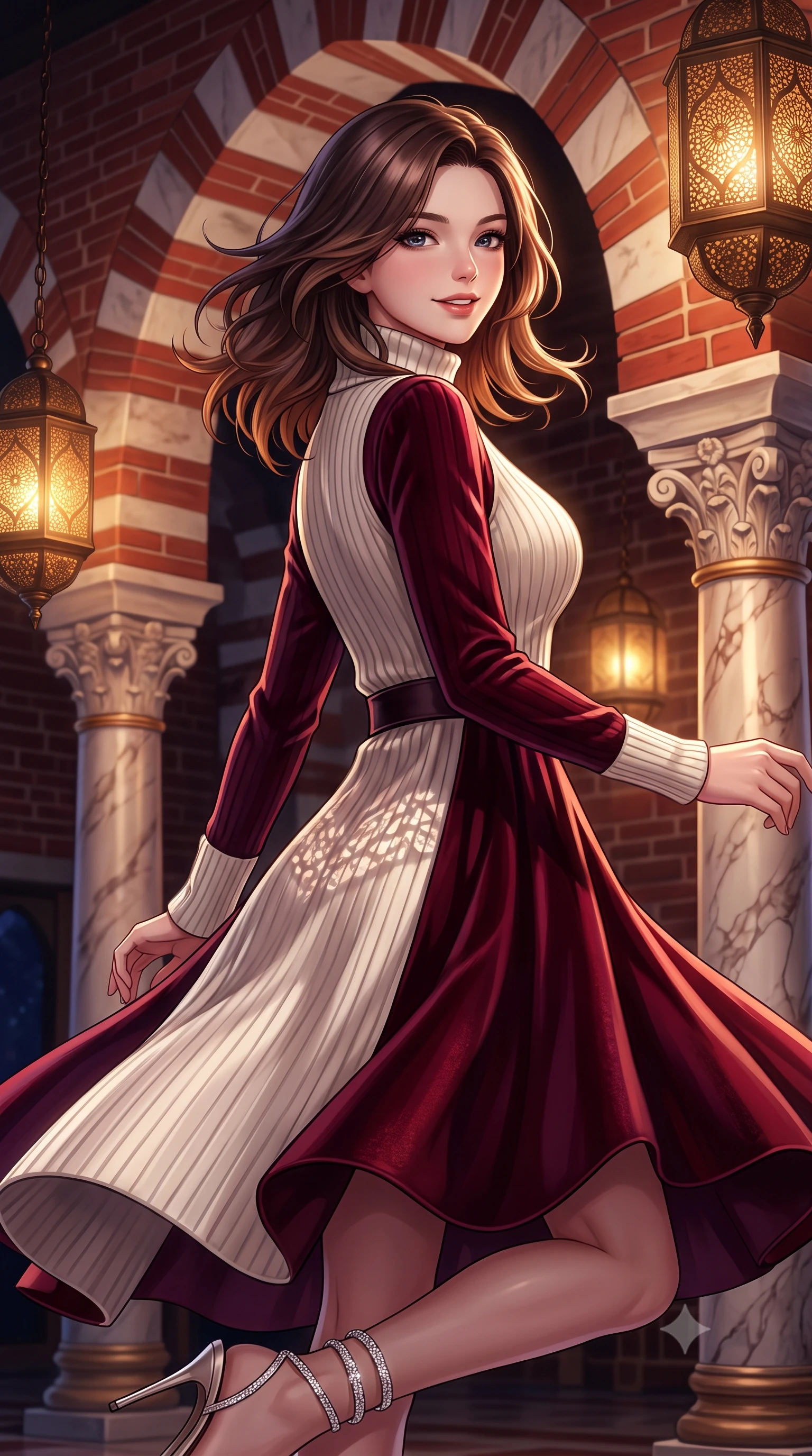 score_9, masterpiece, best quality, ultra-detailed, high-budget anime keyframe, semi-realistic 3D game render, editorial fashion photography, tasteful artistic composition, Korean woman. close-up cowboy shot from the waist and thighs up, the character dominates the composition, filling the frame with her large presence. turning slowly with an enchanting smoldering smile, her glossy hair tossing in the breeze as her hips angle gracefully in a captivating contrapposto while twisting her slender torso in an alluring S-curve, hanging pierced bronze oil lamps casting lace-like shadow patterns across her flat midriff and hips. The surrounding environment is rendered in vivid detail and crisp panoramic clarity: sharp red brick and white stone alternating voussoirs, polished Roman marble pillar veining, and perforated bronze lamp metalwork in deep focus. She has an exceptionally elegant, slender, and willowy female figure with an ultra-slim waist, flat toned midriff, narrow ribcage, and sculpted feminine hips creating an alluring, slim hourglass silhouette without bulk. sharp v-shaped jawline, high-bridge nose, intricate jewel-like sparkling eyes with depth, thick eyelashes, glossy parted lips with a natural peach sheen, bright cheerful beaming smile with an enchanting and coquettish sensual glint, exuding both youthful cute charm and seductive allure, flawlessly proportioned anatomical accuracy, strict slender model proportions, natural body alignment, perfectly sculpted long slender limbs, ultra-slim waistline, clean dynamic posture without body distortion. wearing an elegant high-neck Icelandic cashmere ribbed turtleneck coat dress with belted waistline in Belvedere ivory pearl and Habsburg bordeaux wine, tailored from ultra-plush silk velvet with rich tactile depth and deep shadow gradients, complemented by strappy stiletto sandals with crystal ankle wraps accentuating her slender calves, the bespoke structured tailoring following the natural line of her 8.5-heads silhouette with refined elegance. bathed in the warm mystical 2300K amber glow of hanging bronze lantern lamps dimmed to an evening ceremony ambiance. highly saturated vibrant anime colors, detailed shading with soft gradients, rich glossy textures, high-contrast stereoscopic depth, volumetric dynamic lighting, master piece, 9:16 ratio