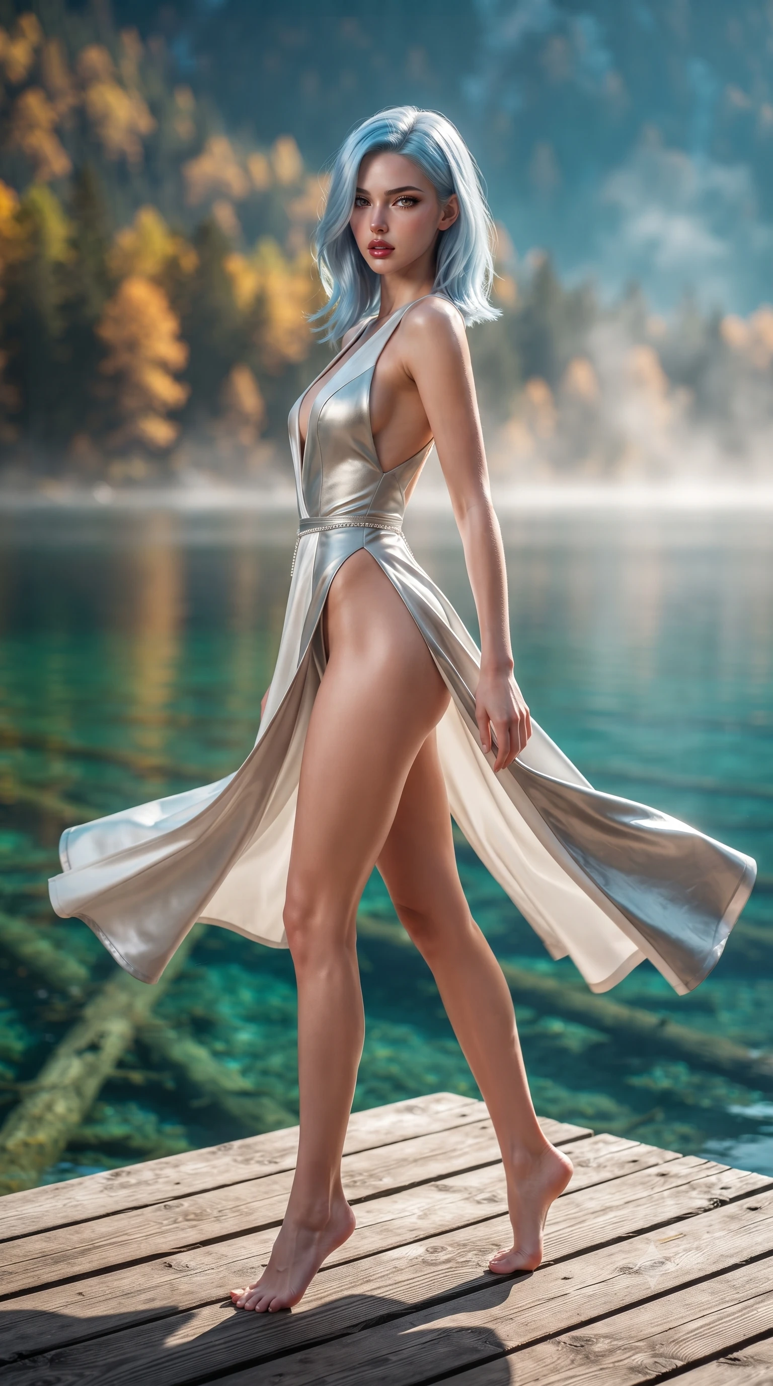 score_9, masterpiece, best quality, ultra-detailed, high-budget anime keyframe, editorial fashion photography, tasteful artistic composition, Korean woman. low angle full-body shot from head to toe showing her feet, filling the entire 9:16 vertical frame with her statuesque presence, stretching her vertical silhouette. executing an elegant mid-motion pivot turn as garments swirl around her slender limbs, glancing over her shoulder with an intoxicating bedroom-gaze while standing on the wooden lake viewing pier, arching her back as ancient submerged tree trunks lie crystal-clear through multi-hued cyan waters. The composition keeps background elements in soft focus with creamy bokeh. multi-hued lake waters shifting from turquoise to emerald and fiery autumn mountain forests blurred into gold, amber, and cyan bokeh. She has an exceptionally tall and slender model-like 8.5-heads proportion, an ultra-slim waist, a flat toned midriff, narrow delicate ribcage, and beautifully sculpted feminine hips creating a graceful, slim hourglass silhouette without any bulky heaviness, with impossibly long slender legs. sharp v-shaped jawline, high-bridge nose, intricate jewel-like eyes with depth, thick eyelashes, glossy parted lips with a natural sheen, intensely captivating and seductive bedroom-eyes expression, flawlessly proportioned anatomical accuracy, strict slender model proportions, natural body alignment, perfectly sculpted long slender limbs, ultra-slim waistline, clean dynamic posture without body distortion. wearing a plunging-V neckline duchess satin gown with high side slits ascending to the high hip in shimmering silver mercury and pearl white, formed from supple second-skin lambskin leather with specular sheen, accented with a dainty diamond waist chain catching the ambient light reflections, the second-skin form-contouring cut accentuating her sculpted flat midriff, narrow delicate ribcage, and gracefully curvy hips with supermodel precision. bathed in pristine early morning alpine sunlight cutting through rising lake mist. ultra-reflective glossy finish, specular highlights, rich textural contrasts, high-contrast stereoscopic depth, volumetric dynamic lighting, 2k, ultra detail, master piece, 9:16 ratio