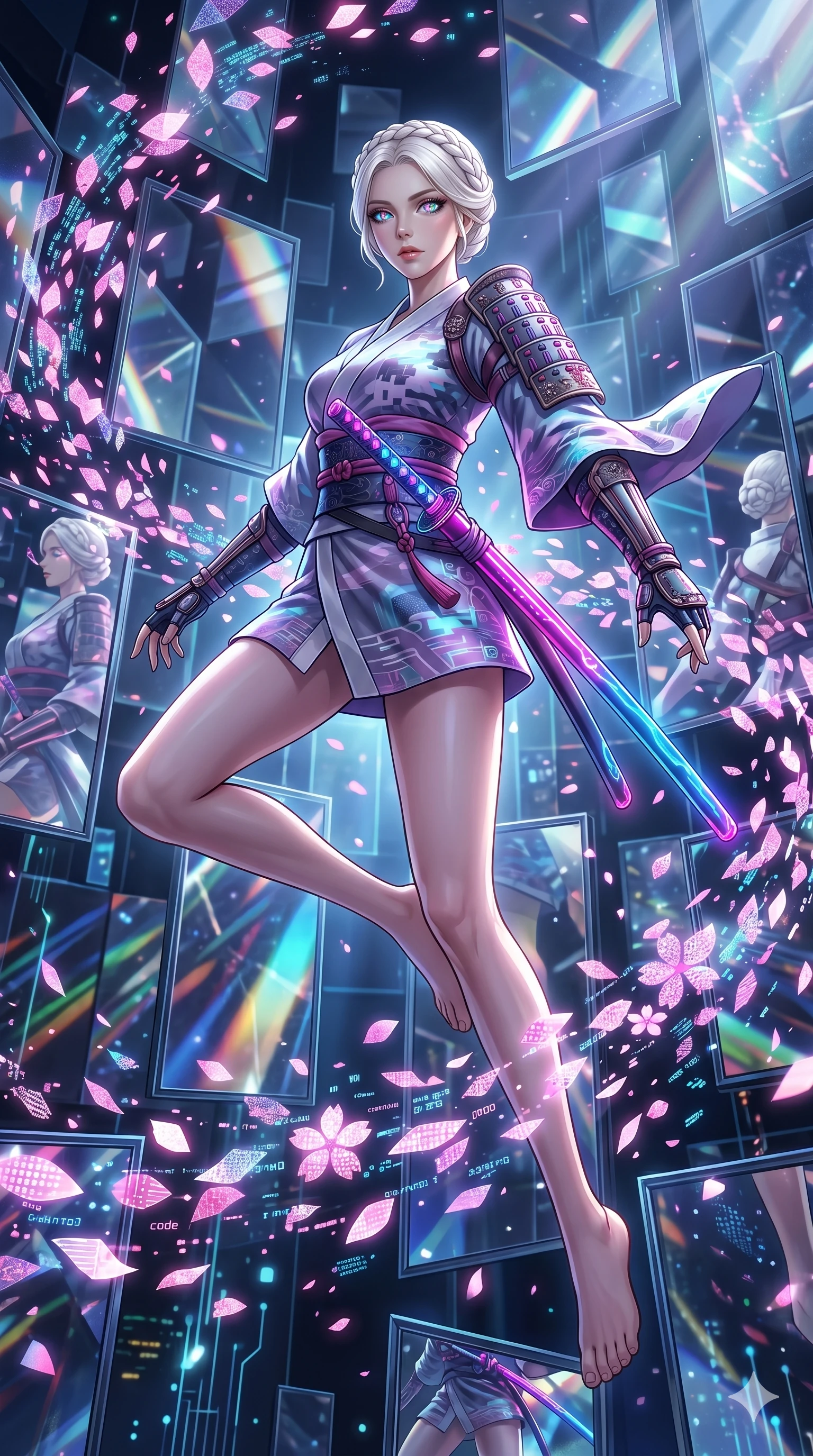 score_9, masterpiece, best quality, ultra-detailed, Set A: High-budget Anime Keyframe, Korean woman. Low angle cowboy shot filling the entire 9:16 frame with her statuesque presence. Leaping through a dimension of floating mirrors, while her eyes glow with 80 different colors and surrounded by digital sakura petals. She has an absolutely perfect 8-heads proportion, an exceptionally tall and slender female figure with impossibly long slender legs and an ultra-slim waist. Sharp v-shaped jawline, high-bridge nose, intricate jewel-like eyes with depth, thick eyelashes, glossy lips with a natural sheen. Wearing Cyber-samurai gear with a short silk kimono and glowing neon katana sheath. Cinematic lighting, vibrant colors, dramatic shadows, 2k, ultra detail, master piece, 9:16 ratio