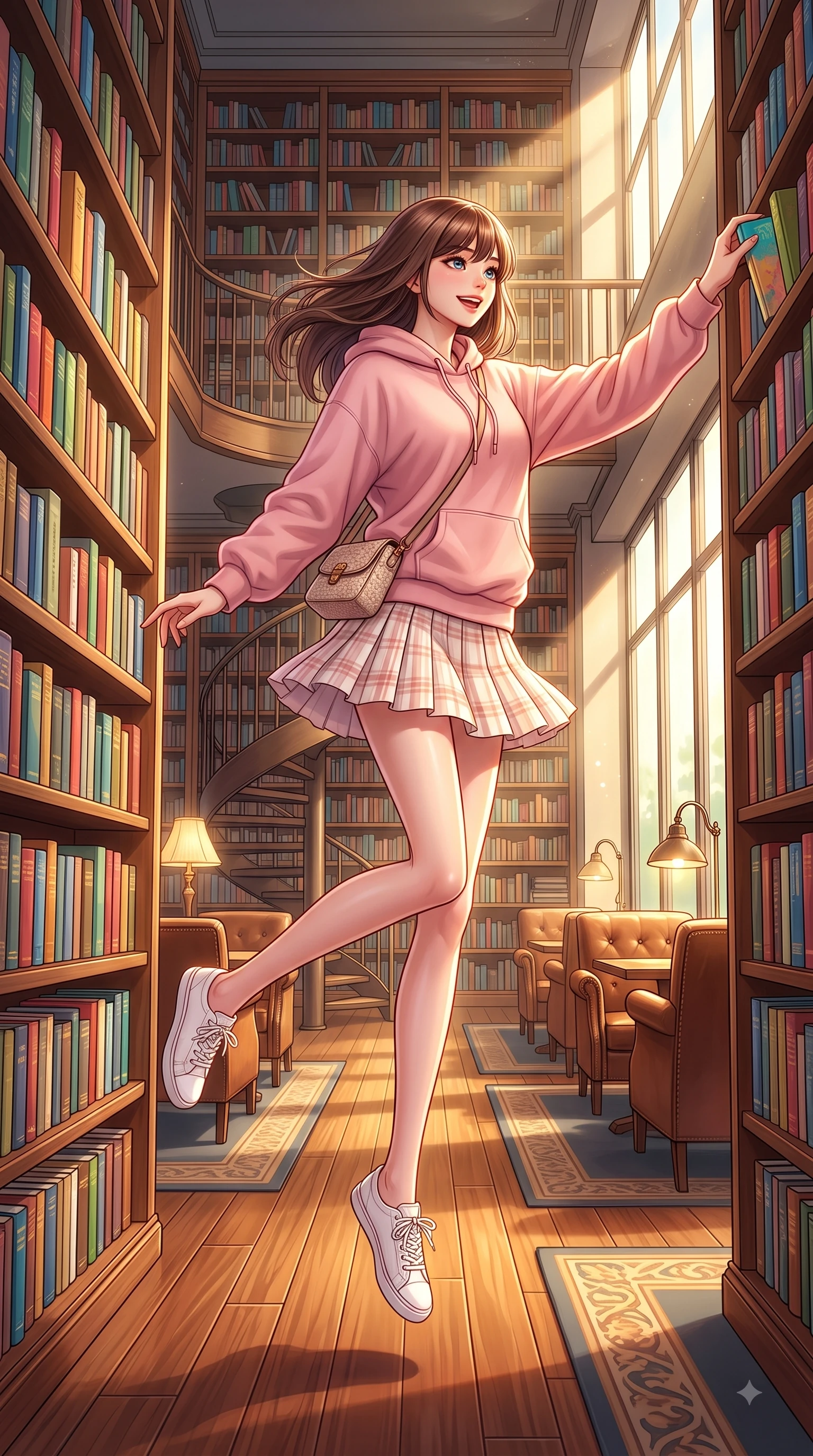 score_9, masterpiece, best quality, ultra-detailed, high-budget anime keyframe, editorial fashion photography, tasteful artistic composition, Korean woman. low angle full-body shot from head to toe showing her feet, filling the entire 9:16 vertical frame with her statuesque presence, stretching her vertical silhouette. leaping with pure youthful energy through the scene with a radiant bright smile, her long slender legs balanced gracefully while browsing tall wooden bookshelves lined with colorful volumes with a curious, gentle smile. The surrounding environment is rendered in vivid detail and crisp panoramic clarity. floor-to-ceiling wooden bookshelves, vintage desk lamps, and sunlit reading nooks captured in sharp clarity. She has an absolutely perfect, statuesque 8.5-heads proportion, an exceptionally tall and slender model-like female figure with impossibly long slender legs and an ultra-slim waist. sharp v-shaped jawline, high-bridge nose, intricate jewel-like eyes with depth, thick eyelashes, glossy lips with a natural sheen, flawlessly proportioned anatomical accuracy, natural body alignment, perfectly sculpted elegant limbs, clean dynamic posture without body distortion. wearing a cozy pastel-pink hoodie sweater paired with a white tennis skirt in peach blossom pink and warm oatmeal, made of comfortable premium stretch denim and soft jersey, featuring elegant flutter sleeves and a graceful square neckline, the breezy lightweight fabric fluttering softly against her delicate frame. bathed in warm golden sunlight streaming through clean glass cafe windows. highly saturated vibrant anime colors, detailed shading with soft gradients, rich glossy textures, high-contrast stereoscopic depth, volumetric dynamic lighting, master piece, 9:16 ratio
