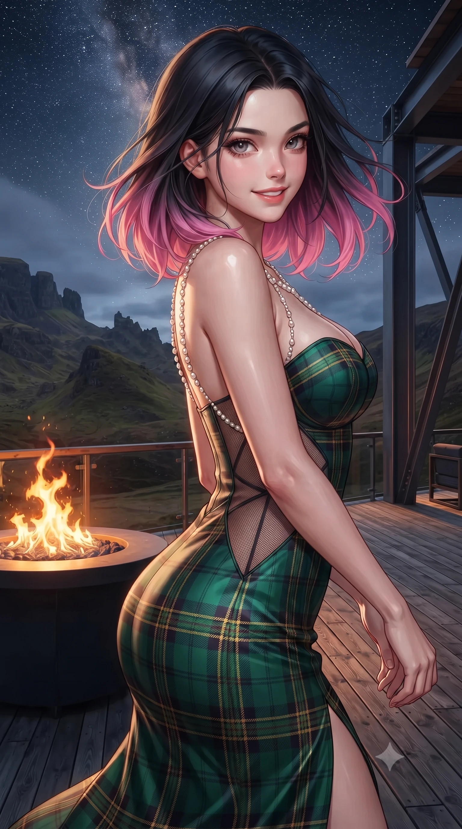 score_9, masterpiece, best quality, ultra-detailed, high-budget anime keyframe, editorial fashion photography, tasteful artistic composition, Korean woman. close-up cowboy shot from the waist and thighs up, the character dominates the composition, filling the frame with her large presence. turning slowly with an enchanting smoldering smile, her glossy hair tossing in the breeze as her hips angle gracefully in a captivating contrapposto while standing poised on the weathered Scottish larch deck high above the otherworldly pinnacles of the Quiraing, arching her lower back as Atlantic winds whip her silhouette. The surrounding environment is rendered in vivid detail and crisp panoramic clarity: detailed outfit texture, windblown fabric drape, and modern Scottish engineering in high resolution. She has an exceptionally elegant, slender, and willowy female figure with an ultra-slim waist, flat toned midriff, narrow ribcage, and sculpted feminine hips creating an alluring, slim hourglass silhouette without bulk. sharp v-shaped jawline, high-bridge nose, intricate jewel-like sparkling eyes with depth, thick eyelashes, glossy parted lips with a natural peach sheen, bright cheerful beaming smile with an enchanting and coquettish sensual glint, exuding both youthful cute charm and seductive allure, flawlessly proportioned anatomical accuracy, strict slender model proportions, natural body alignment, perfectly sculpted long slender limbs, ultra-slim waistline, clean dynamic posture without body distortion. wearing an alluring plunging sweetheart bustier dress with sheer mesh side-waist cutouts contouring her ribs in Balmoral royal tartan emerald and gilded brass, crafted from fluid liquid silk satin that clings smoothly to her narrow waist and rounded hips with a dewy sheen, accented with a pearl-drop body harness subtly framing her dewy collarbones and spine, the glove-like clinging cut tightly following the natural contour of her hips and long slender legs with youthful 8.5-heads elegance. bathed in the contrast of warm 2100K outdoor fire pit flames and brilliant unpolluted Dark Sky Reserve starlight. ultra-reflective glossy finish, specular highlights, rich textural contrasts, high-contrast stereoscopic depth, volumetric dynamic lighting, 2k, ultra detail, master piece, 9:16 ratio