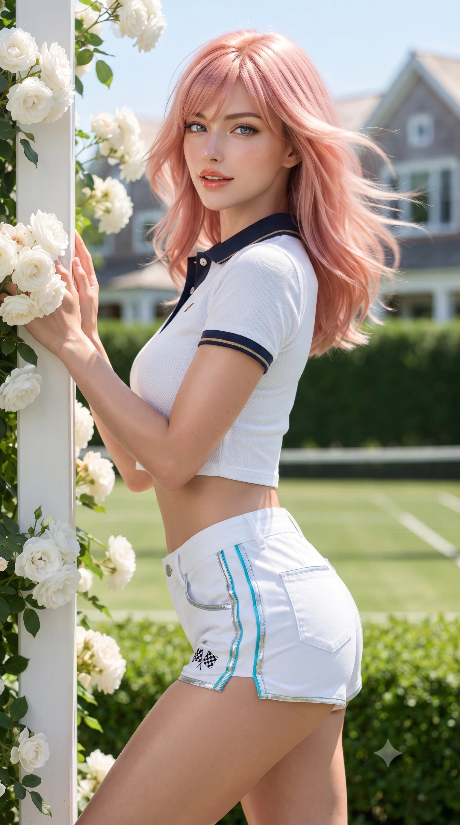 score_9, masterpiece, best quality, ultra-detailed, high-budget anime keyframe, editorial fashion photography, tasteful artistic composition, Japanese woman. close-up cowboy shot from the waist and thighs up, the character dominates the composition, filling the frame with her large presence. turning slowly with a smoldering smile, her glossy hair tossing in the breeze as her hips angle gracefully in a captivating contrapposto while leaning against the white pergola post draped in white roses with hips cocked back, looking over her shoulder with an alluring, sophisticated smile. The background shows a soft-focus manicured privet hedges, cedar-shingled Hamptons mansion gables, and sunken grass tennis courts blurred into seafoam, cedar, and crisp white bokeh. She has an exceptionally elegant, slender, and willowy female figure with an ultra-slim waist, flat toned midriff, narrow ribcage, and sculpted feminine hips creating an alluring, slim hourglass silhouette without bulk. sharp v-shaped jawline, high-bridge nose, sparkling eyes with athletic focus and depth, thick curled eyelashes, glossy parted lips with a natural coral-peach sheen, bright confident and coquettish smile with alluring bedroom-eyes, exuding both youthful sporty vigor and sovereign high-society glamour, flawlessly proportioned anatomical accuracy, strict slender model proportions, natural body alignment, perfectly sculpted long slender limbs, ultra-slim waistline, clean dynamic posture without body distortion. wearing a sleek piqué-knit tennis polo crop top with contrasting collar piping paired with low-rise white racing hot-pants in metallic liquid silver and electric cyan, tailored from crisp cotton poplin with clean aerodynamic structural lines, finished with contrasting racing stripe tape and subtle checkered flag embroidery, the form-contouring athletic cut accentuating her sculpted flat midriff, narrow delicate ribcage, and gracefully curvy hips with supermodel precision. bathed in brilliant coastal Hamptons sunlight reflecting off white estate terraces. ultra-reflective glossy finish, specular highlights, rich textural contrasts, high-contrast stereoscopic depth, volumetric dynamic lighting, 2k, ultra detail, master piece, 9:16 ratio