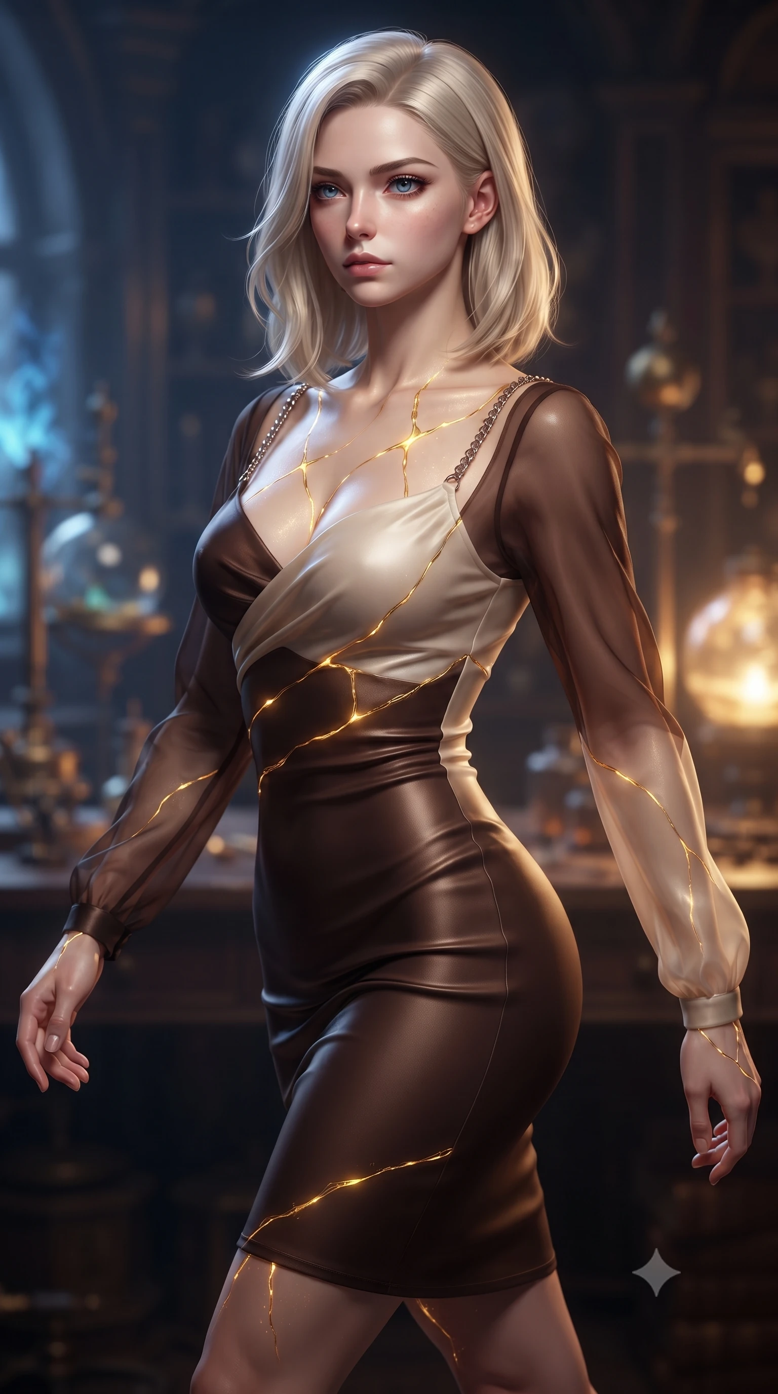score_9, masterpiece, best quality, ultra-detailed, high-budget anime keyframe, editorial fashion photography, tasteful artistic composition, Caucasian woman. close-up cowboy shot from the waist and thighs up, the character dominates the composition, filling the frame with her large presence, background elements kept in soft focus. Gazing past the lens with composed intensity as her torso curves dynamically in mid-motion while stepping forward with proud posture as alchemy light beams illuminate her statuesque figure, luminous gold kintsugi seams glowing with intense golden inner radiance. She has an exceptionally elegant, slender, and willowy female figure with an ultra-slim waist, a gracefully sculpted slender torso, and a refined silhouette. sharp v-shaped jawline, high-bridge nose, intricate jewel-like eyes with depth, thick eyelashes, glossy lips with a natural sheen, flawlessly proportioned anatomical accuracy, natural body alignment, perfectly sculpted elegant limbs, clean dynamic posture without body distortion. wearing a sleek bodycon knit dress with strategic sheer organza sleeve panels in espresso brown and warm cream, crafted from smooth liquid silk, adorned with delicate metallic chain straps along the neckline, the elegant draped fit framing her graceful clavicle and slender torso. illuminated by a dramatic contrast of sapphire alchemy flames and warm golden glow. ultra-reflective glossy finish, specular highlights, metallic sheen, high-contrast stereoscopic depth, volumetric dynamic lighting, 2k, ultra detail, master piece, 9:16 ratio
