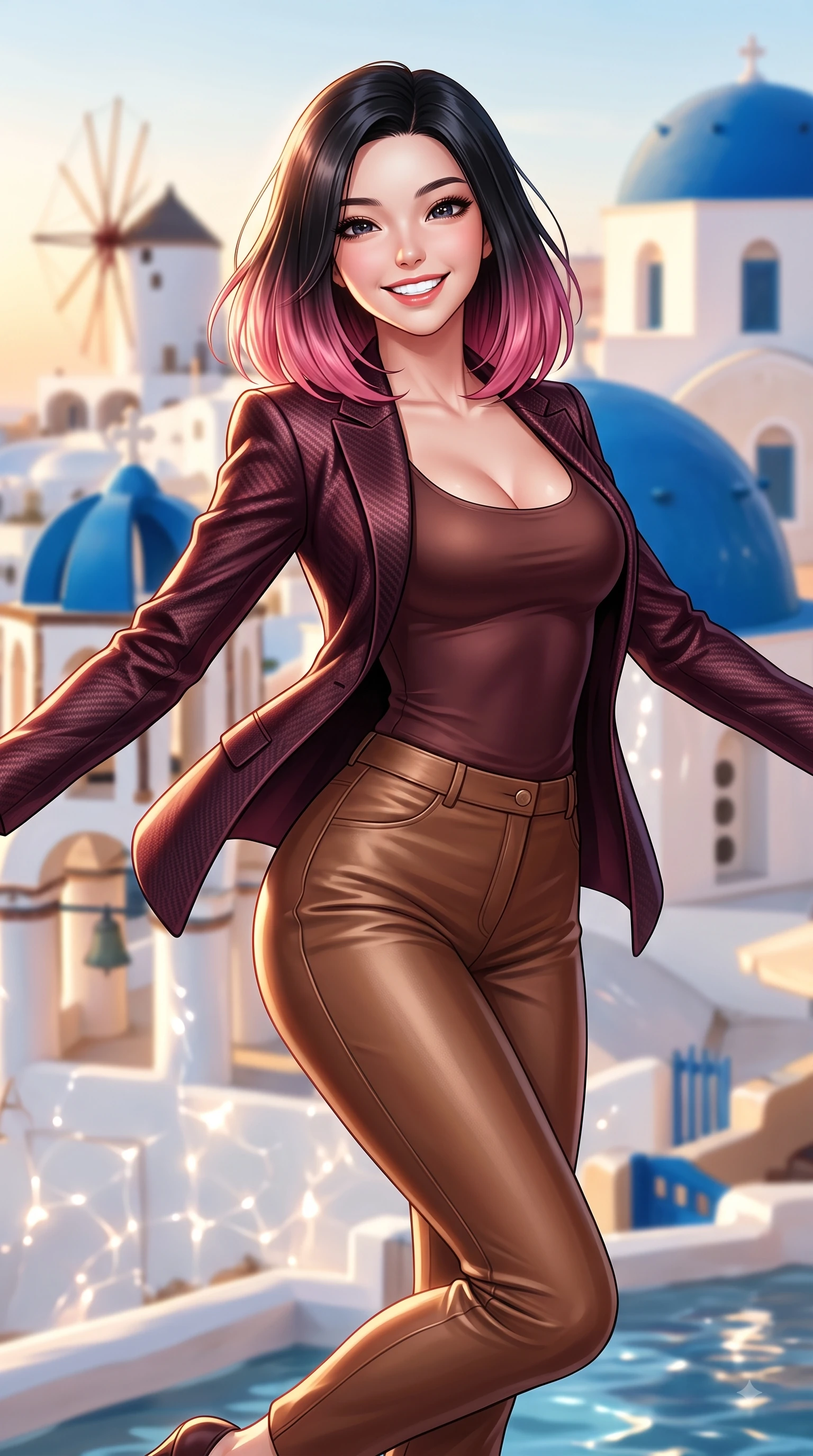 score_9, masterpiece, best quality, ultra-detailed, high-budget anime keyframe, editorial fashion photography, tasteful artistic composition, Korean woman. close-up cowboy shot from the waist and thighs up, the character dominates the composition, filling the frame with her large presence, background elements kept in soft focus. Radiant bright smile with sparkling eyes directed right into the lens, her torso turning in a dynamic S-curve alignment while leaping playfully with a bright smile in front of iconic blue-domed churches and white windmills, glistening water reflections dancing dynamically across whitewashed stone walls. She has an exceptionally elegant, slender, and willowy female figure with an ultra-slim waist, a gracefully sculpted slender torso, and a refined silhouette. sharp v-shaped jawline, high-bridge nose, intricate jewel-like eyes with depth, thick eyelashes, glossy lips with a natural sheen, flawlessly proportioned anatomical accuracy, natural body alignment, perfectly sculpted elegant limbs, clean dynamic posture without body distortion. wearing a tailored silk blazer over a form-contouring scoop-neck top and slacks in deep burgundy and bronze, made of fine carbon-fiber weave and soft matte leather, accented with a Tasteful chest slit framing her clavicle gracefully, the form-contouring material highlighting her ultra-slim waist and long lines. illuminated by warm golden sunlight with soft terracotta ambient fill. ultra-reflective glossy finish, specular highlights, metallic sheen, high-contrast stereoscopic depth, volumetric dynamic lighting, 2k, ultra detail, master piece, 9:16 ratio