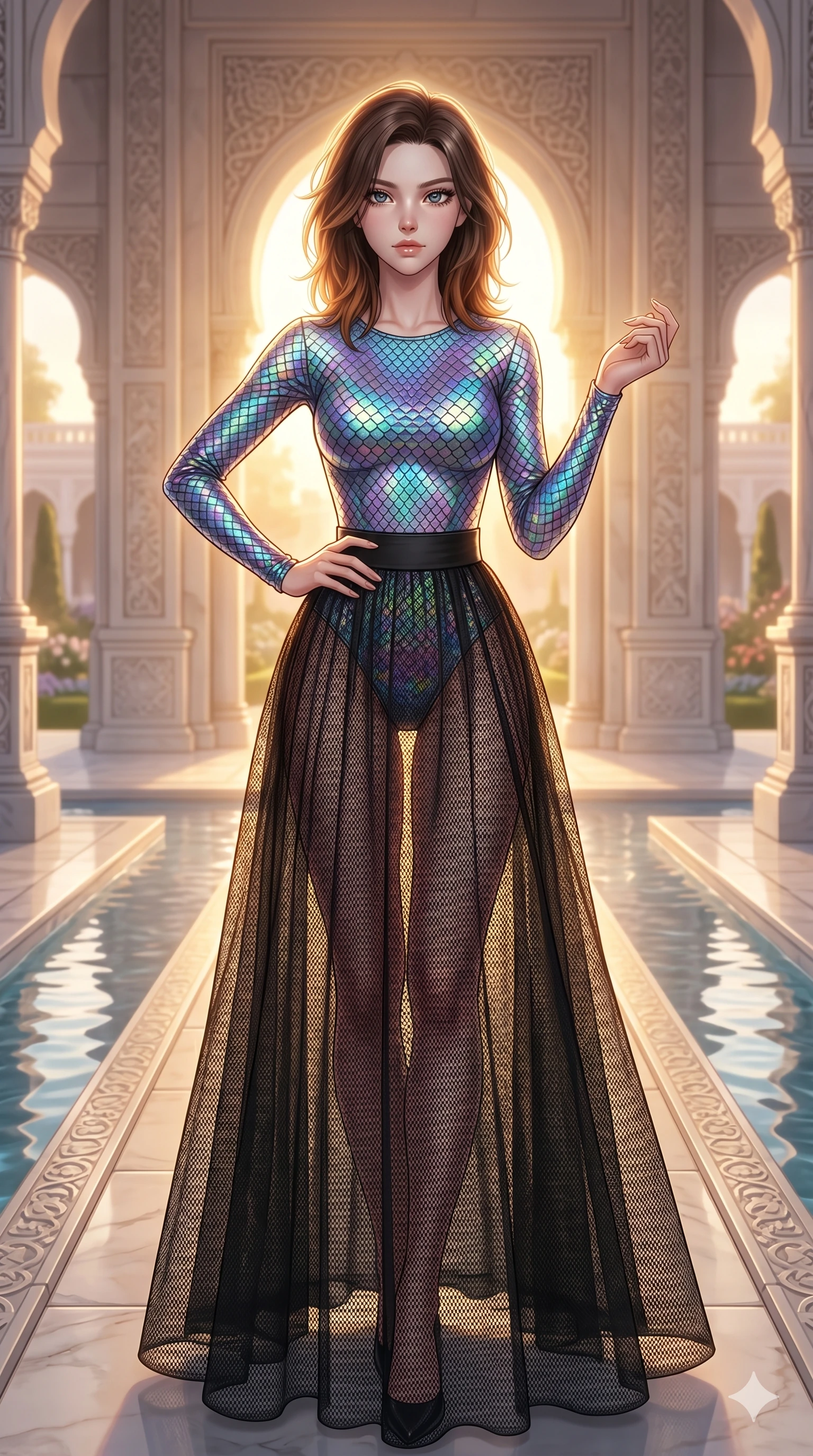 score_9, masterpiece, best quality, ultra-detailed, high-budget anime keyframe, editorial fashion photography, tasteful artistic composition, Korean woman. cowboy shot from the thighs up, character and outfit filling the frame for maximum editorial presence. Holding a confident power pose with one hand on her hip inside a palace of polished white stone with water channels flowing along the floors. She has an absolutely perfect 8-heads proportion, an exceptionally tall and slender female figure with impossibly long slender legs and an ultra-slim waist. V-shaped jawline, high-bridge nose, intricate jewel-like eyes with depth, thick eyelashes, glossy lips with a natural sheen. wearing a long-sleeve holographic bodysuit with a scale pattern, worn under a long black mesh skirt with a high-waist waistband. under warm golden hour backlighting creating a luminous radiant halo around her silhouette. 2k, ultra detail, master piece, 9:16 ratio