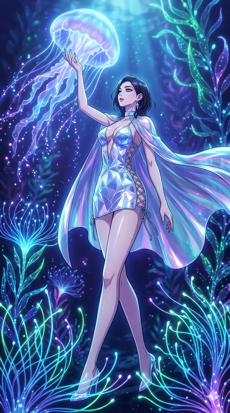 score_9, masterpiece, best quality, ultra-detailed, High-budget Anime Keyframe, vibrant colors, fluid line-art, expressive lighting, cinematic composition, Ufotable-style visual effects, top-tier animation quality, Korean woman with idol-like refined features. Dynamic full-body shot stretching the vertical silhouette, capturing her from a powerful low-angle perspective. Guiding a massive bioluminescent jellyfish through a forest of glowing kelp. She has an absolutely perfect 8-heads proportion, an exceptionally tall and slender female figure with impossibly long slender legs and an ultra-slim waist, her statuesque height and towering silhouette dominating the vertical 9:16 frame. Her face is a masterpiece featuring a sharp v-shaped jawline, high-bridge nose, intricate jewel-like eyes with depth, thick eyelashes, and glossy lips with a natural sheen. She is wearing a Crystalline structure mini-dress with an iridescent vinyl cape, dangerous plunging neckline, and lace-up side panels.. The scene is set in an underwater Eden where the plants are made of light and fiber-optics. 2k, ultra detail, master piece, 9:16 ratio