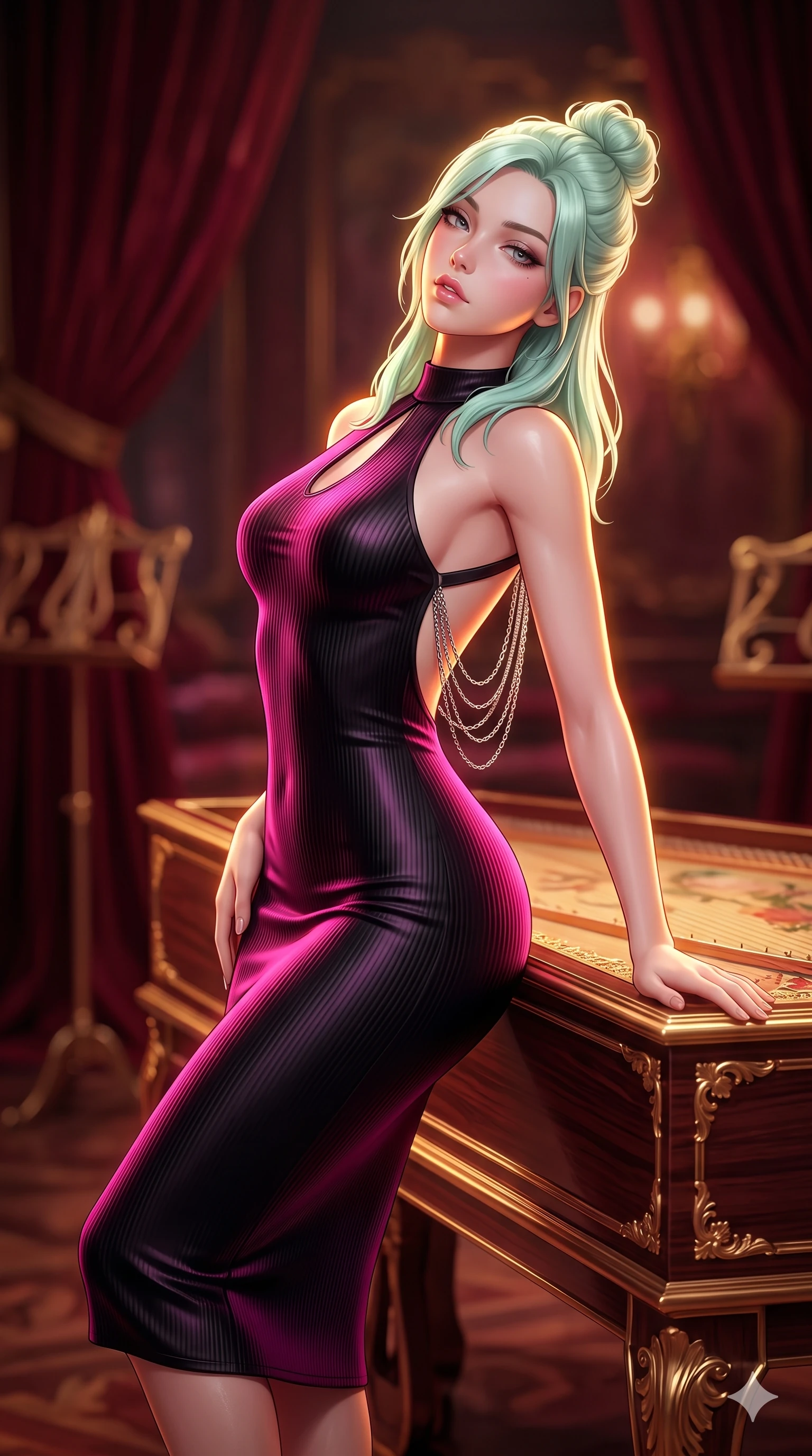 score_9, masterpiece, best quality, ultra-detailed, high-budget anime keyframe, semi-realistic 3D game render, editorial fashion photography, tasteful artistic composition, Japanese woman. close-up cowboy shot from the waist and thighs up, the character dominates the composition, filling the frame with her large presence. arching her spine backward with effortless dancer poise, one hand sliding along her hip line as directional light carves specular highlights along her silhouette while lounging poised beside the mirror-polished rosewood harpsichord, arching her spine with dancer-like elegance while resting one hand on the gilded instrument lid. The background shows a soft-focus hand-painted harpsichord soundboard, heavy ruby-velvet drapes, and gilded music stands blurred into ruby, rosewood, and amber bokeh. She has an exceptionally elegant, slender, and willowy female figure with an ultra-slim waist, flat toned midriff, narrow ribcage, and sculpted feminine hips creating an alluring, slim hourglass silhouette without bulk. sharp v-shaped jawline, high-bridge nose, intricate jewel-like sparkling eyes with depth, thick eyelashes, glossy parted lips with a natural sheen, intensely captivating and seductive bedroom-eyes expression, exuding both youthful cute charm and sovereign luxury allure, flawlessly proportioned anatomical accuracy, strict slender model proportions, natural body alignment, perfectly sculpted long slender limbs, ultra-slim waistline, clean dynamic posture without body distortion. wearing an ultra-sleek form-fitting ribbed silk-knit midi dress with elegant collar cutouts contouring her feminine hourglass silhouette in black lacquer and vibrant magenta neon, tailored from smooth liquid silk satin that clings smoothly to her narrow waist and rounded hips with a dewy sheen, accented with an open-back drape framed by falling strands of delicate chrome chains, the glove-like clinging cut tightly following the natural contour of her hips and long slender legs with youthful 8.5-heads elegance. illuminated by polished rosewood bounce and sharp amber-gold rim lights sculpting her razor-sharp jawline, narrow waist, and curvy hips. highly saturated vibrant anime colors, detailed shading with soft gradients, rich glossy textures, high-contrast stereoscopic depth, volumetric dynamic lighting, master piece, 9:16 ratio