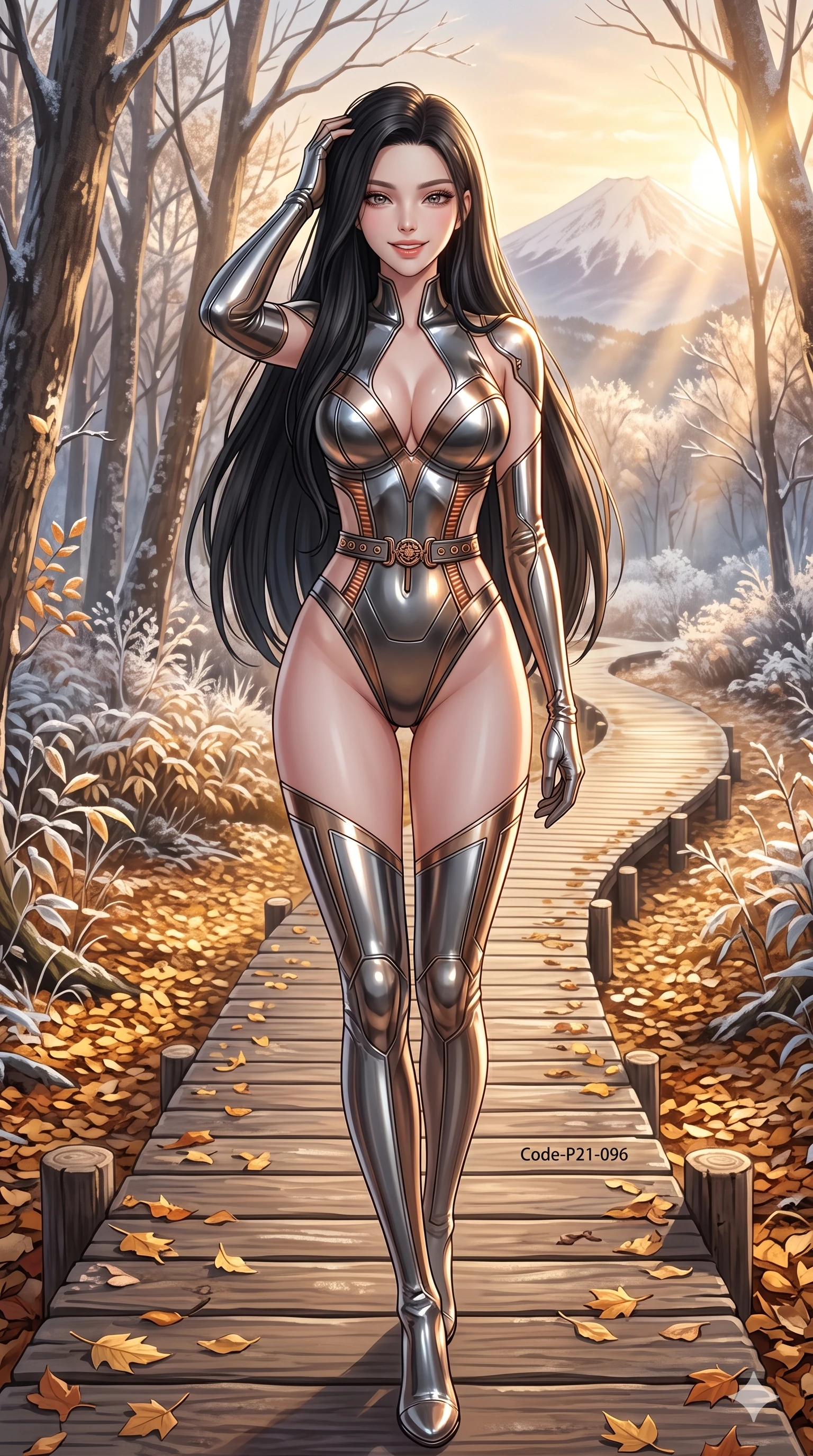 score_9, masterpiece, best quality, ultra-detailed, high-budget anime keyframe, vibrant anime aesthetic, Korean woman. cowboy shot from the thighs up, character and outfit filling the frame for maximum presence. She is posing with a warm, inviting smile, her eyes glowing with positive winter energy on a wooden boardwalk winding through golden leaves (Code-P21-096). She has an absolutely perfect 8-heads proportion, an exceptionally tall and slender female figure with impossibly long slender legs and an ultra-slim waist. V-shaped jawline, high-bridge nose, intricate jewel-like eyes with depth, thick eyelashes, glossy lips with a natural sheen. wearing a metallic bodysuit with exposed waist and plunging neckline in winter. She is bathed in soft sun-kissed golden rays, creating beautiful highlights and shadows in winter. 2k, ultra detail, master piece, 9:16 ratio