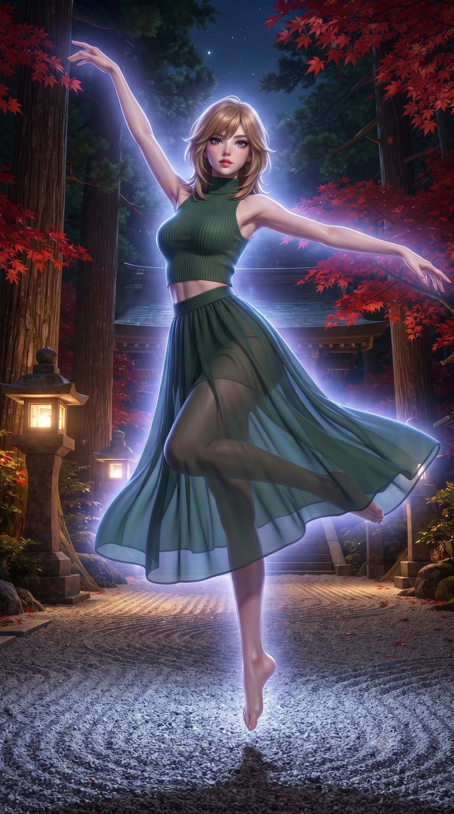 score_9, masterpiece, best quality, ultra-detailed, high-budget anime keyframe, editorial fashion photography, tasteful artistic composition, Korean woman. low angle full-body shot from head to toe showing her feet, filling the entire 9:16 vertical frame with her statuesque presence, stretching her vertical silhouette. pirouetting mid-air inside a traditional Japanese Shinto shrine courtyard at night with stone lanterns casting warm pools of light ancient cedar trees autumn maple leaves in brilliant red and a raked gravel garden gleaming in moonlight. She has a statuesque 8.5-heads proportion, an exceptionally tall, slender and willowy model-like build with impossibly long legs and a highly sculpted ultra-slim waist. sharp v-shaped jawline, high-bridge nose, intricate jewel-like eyes with depth, thick eyelashes, glossy lips with a natural sheen. wearing a high-neck ribbed crop top in forest green, paired with a midi skirt featuring a sheer chiffon overlay revealing her legs. cool ethereal blue-violet bioluminescent glow wrapping around her from all sides. 2k, ultra detail, master piece, 9:16 ratio