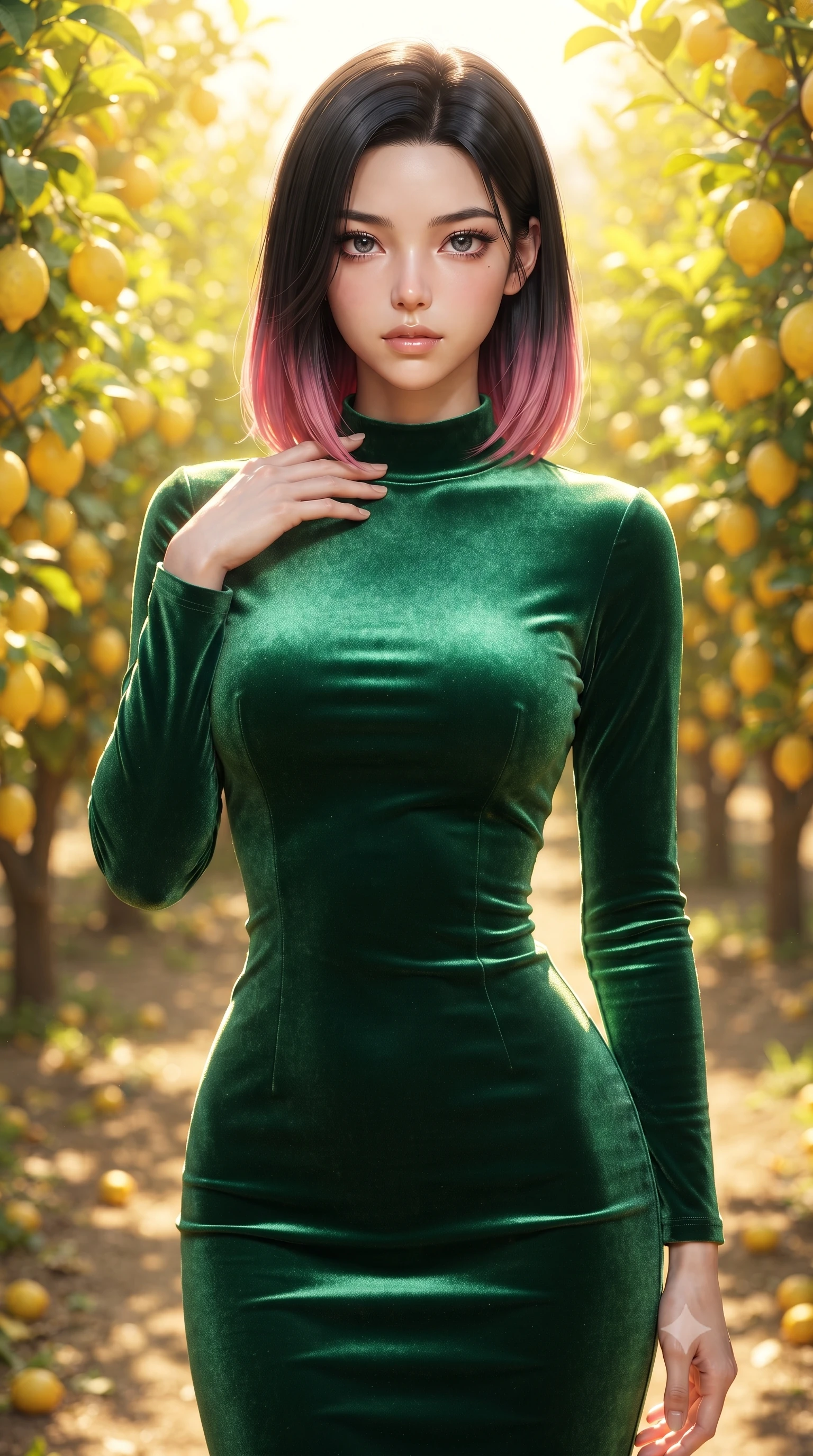 score_9, masterpiece, best quality, ultra-detailed, high-budget anime keyframe, editorial fashion photography, tasteful artistic composition, Korean woman woman. close-up cowboy shot from the waist and thighs up, the character dominates the composition, filling the frame with her large presence, background elements kept in soft focus. standing with one hand resting on her collarbone, looking at the viewer with bedroom-eyes the background shows a soft-focus an orchard path lined with lemon trees heavy with ripe yellow fruit in Provence. She has an exceptionally elegant, slender, and willowy female figure with an ultra-slim waist, a gracefully sculpted slender torso, and a refined silhouette. sharp v-shaped jawline, high-bridge nose, intricate jewel-like eyes with depth, thick eyelashes, glossy lips with a natural sheen. wearing a slim-fit body-hugging emerald green velvet dress with a simple mock-neck collar. bright lemon-yellow sunlight bathing the orchard in a warm glow. ultra-reflective glossy finish, specular highlights, metallic sheen, high-contrast stereoscopic depth, volumetric dynamic lighting, 2k, ultra detail, master piece, 9:16 ratio
