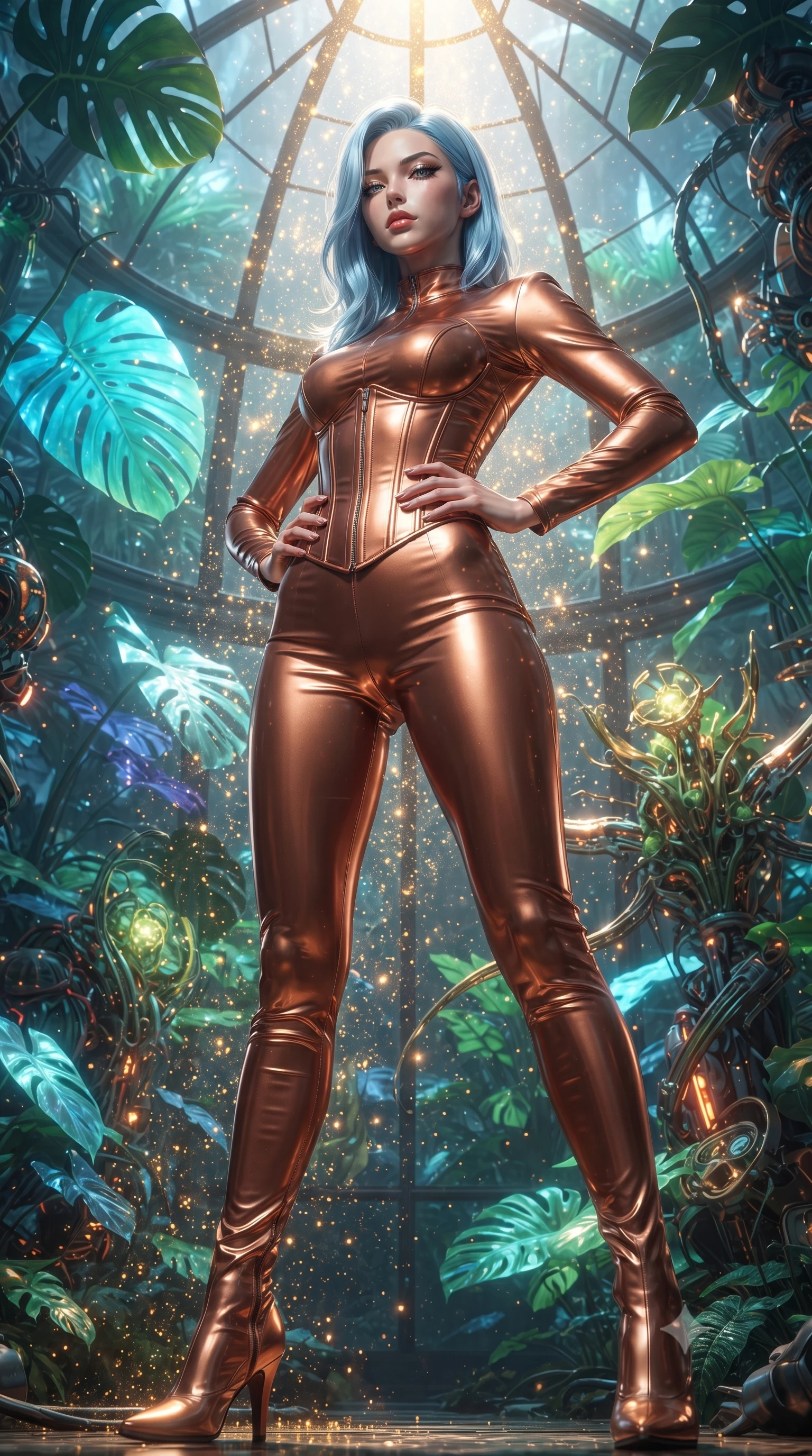 score_9, masterpiece, best quality, ultra-detailed, High-budget Anime Keyframe, editorial fashion photography, tasteful artistic composition, realistic cosplay photography, East Asian woman. Low angle cowboy shot filling the entire 9:16 frame with her statuesque presence. Scenario 484: showering under a cascade of glittering gold stardust inside a cybernetic greenhouse filled with giant glowing tropical leaves. Her presence is magnetic and overpowering in this high-budget cinematic scene. Outfit 484: a slim-fit metallic copper matte vinyl catsuit layered over a structured corset bodice. The clothing is designed to emphasize her exceptionally tall and slender 8-heads proportion. 8-heads proportion, towering silhouette, ultra-slim waist. sharp v-shaped jawline, intricate jewel-like eyes with depth, thick eyelashes, glossy lips. ultra-reflective glossy finish, specular highlights, metallic sheen, high-contrast stereoscopic depth, volumetric dynamic lighting, 2k, ultra detail, master piece, 9:16 ratio