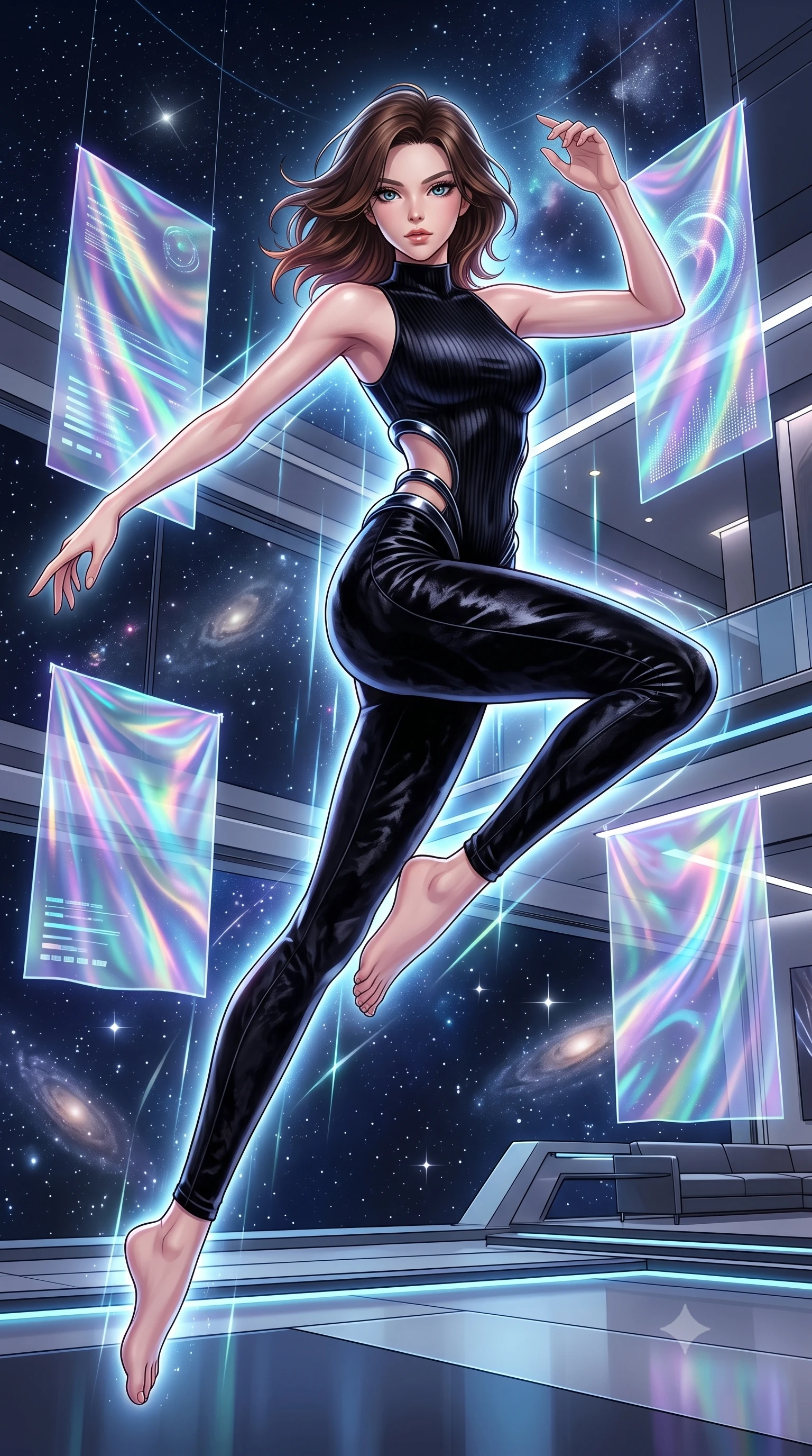 score_9, masterpiece, best quality, ultra-detailed, high-budget anime keyframe, editorial fashion photography, tasteful artistic composition, Korean woman. low angle full-body shot from head to toe showing her feet, filling the entire 9:16 vertical frame with her statuesque presence, stretching her vertical silhouette. leaping dynamically through the starry space, her posture full of power and elegance, standing in a high-tech apartment filled with floating holographic silk tapestries, ultra-modern futuristic luxury fashion composition. She has an absolutely perfect, statuesque 8.5-heads proportion, an exceptionally tall and slender model-like female figure with impossibly long slender legs and an ultra-slim waist. sharp v-shaped jawline, high-bridge nose, intricate jewel-like eyes with depth, thick eyelashes, glossy lips with a natural sheen. wearing sleek high-neck ribbed activewear bodysuit in matte black in dark charcoal gray, made of crushed dark silk velvet, accented with sculpted obsidian chrome rings at the waist, contouring every curve with an exceptionally elegant silhouette. surrounded by a glowing matrix aura with sharp edge highlights. highly saturated vibrant anime colors, detailed shading with soft gradients, rich glossy textures, high-contrast stereoscopic depth, volumetric dynamic lighting, master piece, 9:16 ratio
