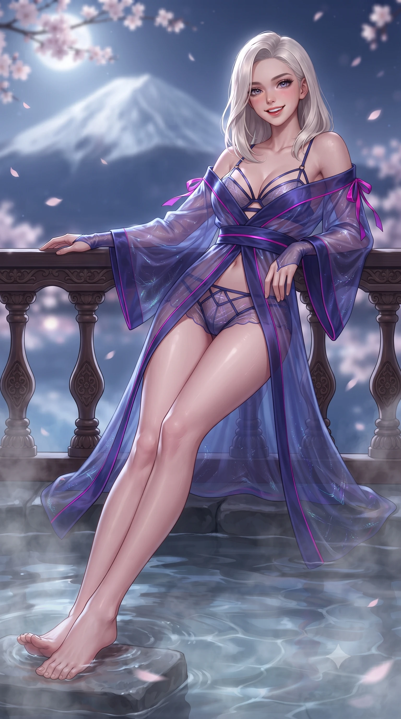 score_9, masterpiece, best quality, ultra-detailed, high-budget anime keyframe, editorial fashion photography, tasteful artistic composition, Caucasian woman. low angle full-body shot from head to toe showing her feet, filling the entire 9:16 vertical frame with her statuesque presence, stretching her vertical silhouette. leaning deep against the balcony balustrade with hips cocked back in an unapologetically alluring high-fashion stance, casting an intoxicating glance while lounging in the steaming water with legs extended, displaying her long slender limbs and statuesque hourglass silhouette against Fuji's peak. The background shows a soft-focus iconic snow-capped silhouette of Mount Fuji bathed in ethereal moonlight, drifting nocturnal sakura blossoms, and Lake Kawaguchi reflections blurred into pale pink, silver, and indigo bokeh. She has an exceptionally tall and slender model-like 8.5-heads proportion, an ultra-slim waist, a flat toned midriff, narrow delicate ribcage, and beautifully sculpted feminine hips creating a graceful, slim hourglass silhouette without any bulky heaviness, with impossibly long slender legs. sharp v-shaped jawline, high-bridge nose, intricate jewel-like sparkling eyes with depth, thick eyelashes, glossy parted lips with a natural peach sheen, bright cheerful beaming smile with an enchanting and coquettish sensual glint, exuding both youthful cute charm and seductive allure, flawlessly proportioned anatomical accuracy, strict slender model proportions, natural body alignment, perfectly sculpted long slender limbs, ultra-slim waistline, clean dynamic posture without body distortion. wearing an ethereal translucent silk chiffon yukata robe slipping off bare shoulders over a strappy underwire bralette and micro-shorts in Huangpu midnight sapphire and neon magenta, crafted from translucent silk organza with an ethereal crystalline sheen, finished with satin ribbon ties at the shoulders fluttering in the gentle breeze, the glove-like clinging cut tightly following the natural contour of her hips and long slender legs with youthful 8.5-heads elegance. illuminated by hot spring caustics bounce and sharp platinum-rose rim lights sculpting her cheekbones, flat midriff, and curvaceous hips. ultra-reflective glossy finish, specular highlights, rich textural contrasts, high-contrast stereoscopic depth, volumetric dynamic lighting, 2k, ultra detail, master piece, 9:16 ratio