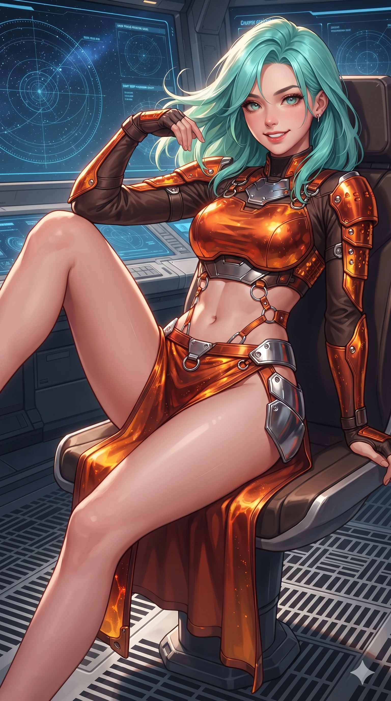 score_9, masterpiece, best quality, ultra-detailed, high-budget anime keyframe, editorial fashion photography, tasteful artistic composition, Japanese woman. close-up cowboy shot from the waist and thighs up, the character dominates the composition, filling the frame with her large presence. turning slowly with an enchanting smoldering smile, her glossy hair tossing as her hips angle gracefully in a captivating contrapposto while lounging poised on the anti-gravity observation seat propped on one elbow with legs extended, displaying her long slender limbs against the curved event horizon. The surrounding environment is rendered in vivid detail and crisp panoramic clarity: sharp titanium catwalk grating, heavy bulkhead pressure seals, and crisp holographic astronomical charts in deep focus. She has an exceptionally elegant, slender, and willowy female figure with an ultra-slim waist, flat toned midriff, narrow ribcage, and sculpted feminine hips creating an alluring, slim hourglass silhouette without bulk. sharp v-shaped jawline, high-bridge nose, intricate jewel-like sparkling eyes with depth, thick eyelashes, glossy parted lips with a natural sheen, bright confident smile with an enchanting and coquettish sensual glint, exuding both youthful magnetic charm and sovereign high-tech allure, flawlessly proportioned anatomical accuracy, strict slender model proportions, natural body alignment, perfectly sculpted long slender limbs, ultra-slim waistline, clean dynamic posture without body distortion. wearing a cyber-samurai tactical suit featuring a shortened carbon chestplate and high-slit armored wrap skirt in fiery geothermal copper and molten amber glow, adorned with delicate chrome ring hardware and cutouts along her slender waist, accented with strategically placed chrome armor plate guards covering key curves, the form-contouring cut accentuating her sculpted flat midriff, narrow delicate ribcage, and gracefully curvy hips with cybernetic supermodel precision. illuminated by viewport reflection bounce and sharp gold-crimson rim lights sculpting her razor-sharp jawline, narrow waist, and curvy hips. ultra-reflective glossy finish, specular highlights, rich textural contrasts, high-contrast stereoscopic depth, volumetric dynamic lighting, 2k, ultra detail, master piece, 9:16 ratio