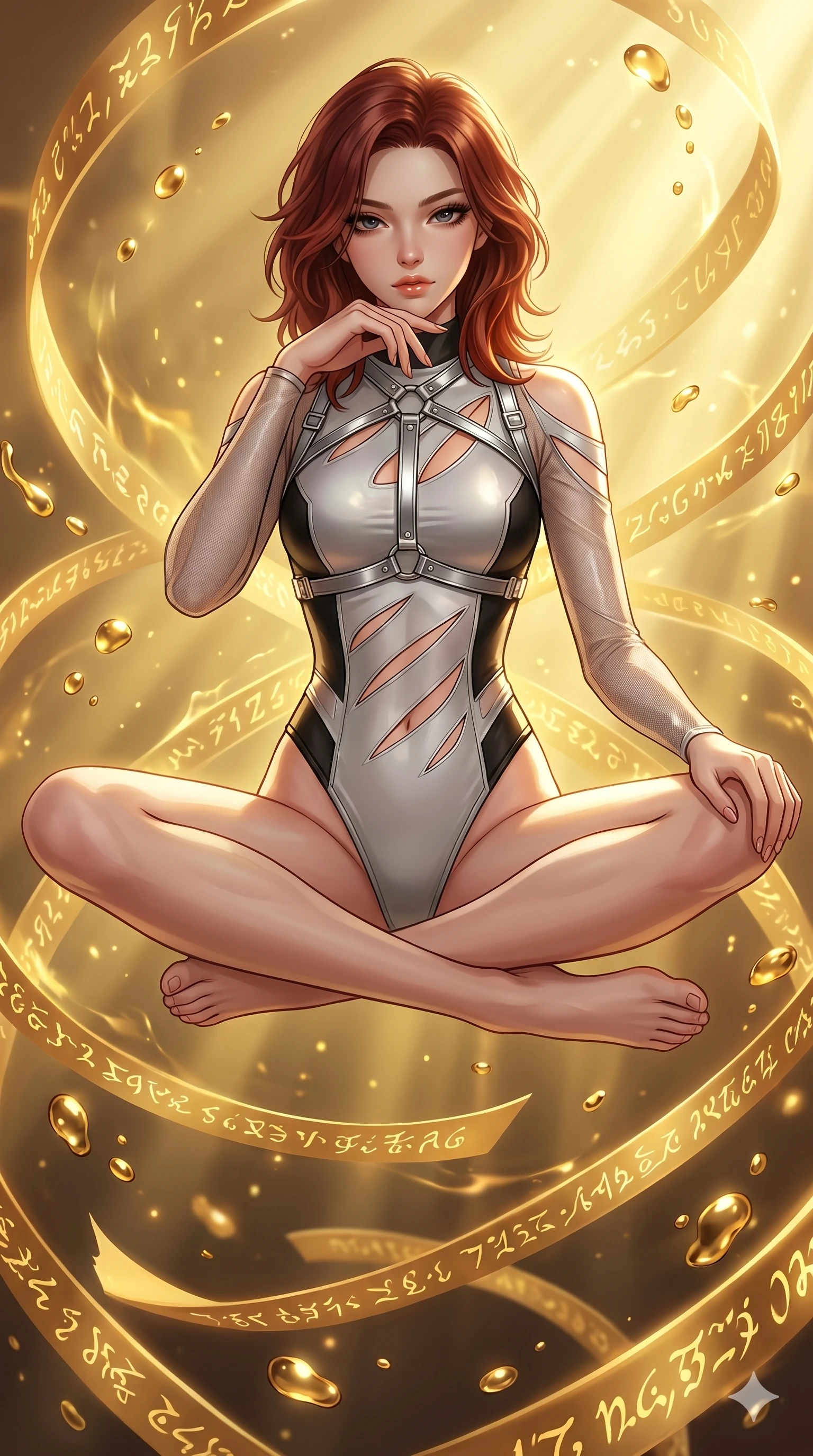 score_9, masterpiece, best quality, ultra-detailed, high-budget anime keyframe, Korean woman. Upper body close-up from the thighs up, character filling the screen for maximum presence. She is sitting cross-legged mid-air, levitating amidst swirling golden script ribbons and floating liquid gold droplets. She rests her chin on her fingers, looking down with a sultry, commanding glance. She has an absolutely perfect 8-heads proportion, an exceptionally tall and slender female figure with impossibly long slender legs and an ultra-slim waist. V-shaped jawline, high-bridge nose, intricate jewel-like eyes with depth, thick eyelashes, glossy lips with a natural sheen. She is wearing an ultra-sleek high-cut tech-bodysuit featuring dangerous diagonal slitted cutouts on the midriff and shoulders, reinforced by a metallic silver harness and sheer mesh sleeves. The scene is lit by intense, warm golden ambient light and sharp volumetric sunbeams cutting through volumetric fog. 2k, ultra detail, master piece, 9:16 ratio