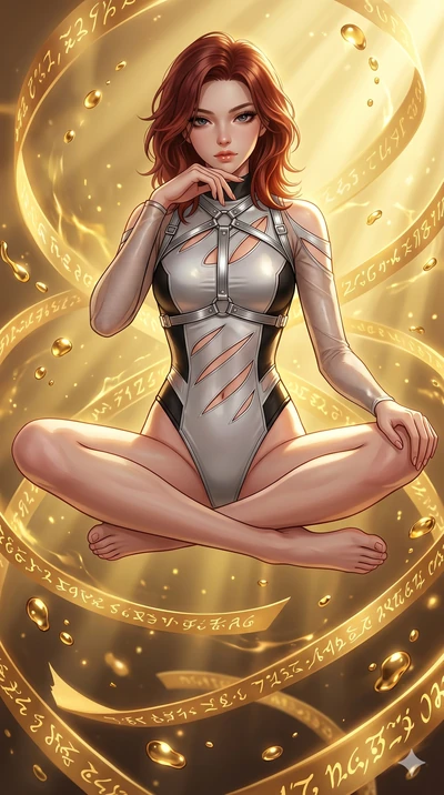 score_9, masterpiece, best quality, ultra-detailed, high-budget anime keyframe, Korean woman. Upper body close-up from the thighs up, character filling the screen for maximum presence. She is sitting cross-legged mid-air, levitating amidst swirling g