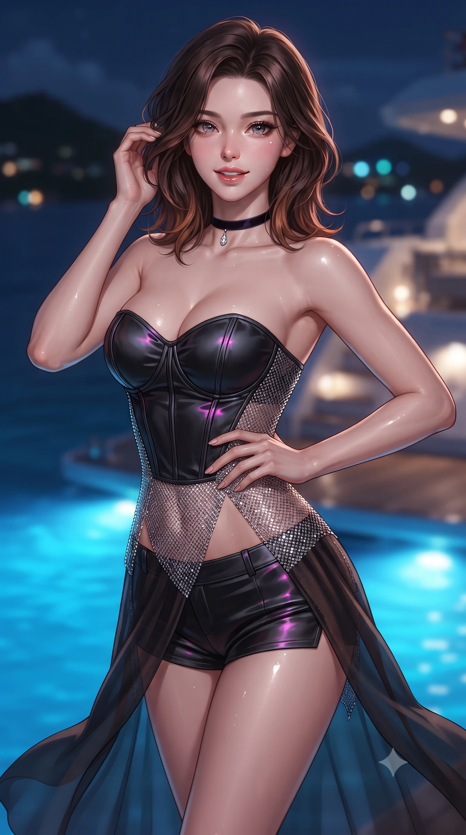 score_9, masterpiece, best quality, ultra-detailed, high-budget anime keyframe, editorial fashion photography, tasteful artistic composition, Korean woman. close-up cowboy shot from the waist and thighs up, the character dominates the composition, filling the frame with her large presence. twisting her slender torso in an alluring contrapposto stance, one hand resting on her sculpted hip while her fingers toy with her hair with effortless poise while twisting her slender torso in an alluring S-curve, warm Caribbean sea breezes fluttering her sheer beach wrap around her hourglass curves. The background shows a soft-focus the dark tranquil Caribbean bay, distant silhouettes of St. Barth hills, and underwater yacht stern lights blurred into sapphire, aquamarine, and amber bokeh. She has an exceptionally elegant, slender, and willowy female figure with an ultra-slim waist, flat toned midriff, narrow ribcage, and sculpted feminine hips creating an alluring, slim hourglass silhouette without bulk. sharp v-shaped jawline, high-bridge nose, sparkling eyes with hypnotic seductive depth, thick curled eyelashes, glossy parted lips with a natural dewy peach sheen, alluring bedroom-eyes with an enchanting coquettish smile, exuding magnetic siren charisma and sophisticated glamour, flawlessly proportioned anatomical accuracy, strict slender model proportions, natural body alignment, perfectly sculpted long slender limbs, ultra-slim waistline, clean dynamic posture without body distortion. wearing a strapless boned satin corset bodice paired with low-waisted tailored satin hot-pants in wet-look onyx black with electric magenta reflections, crafted from shimmering fluid chainmail mesh reflecting ambient lights, finished with a thin velvet ribbon choker and a single teardrop diamond pendant, the high-slit wrap tailoring accentuating her ultra-slim waistline and the enchanting curve of her feminine hips with alluring seductive charm. bathed in brilliant azure underwater LED hull lights illuminating the sea around the swim platform. ultra-reflective glossy finish, specular highlights, rich textural contrasts, high-contrast stereoscopic depth, volumetric dynamic lighting, 2k, ultra detail, master piece, 9:16 ratio