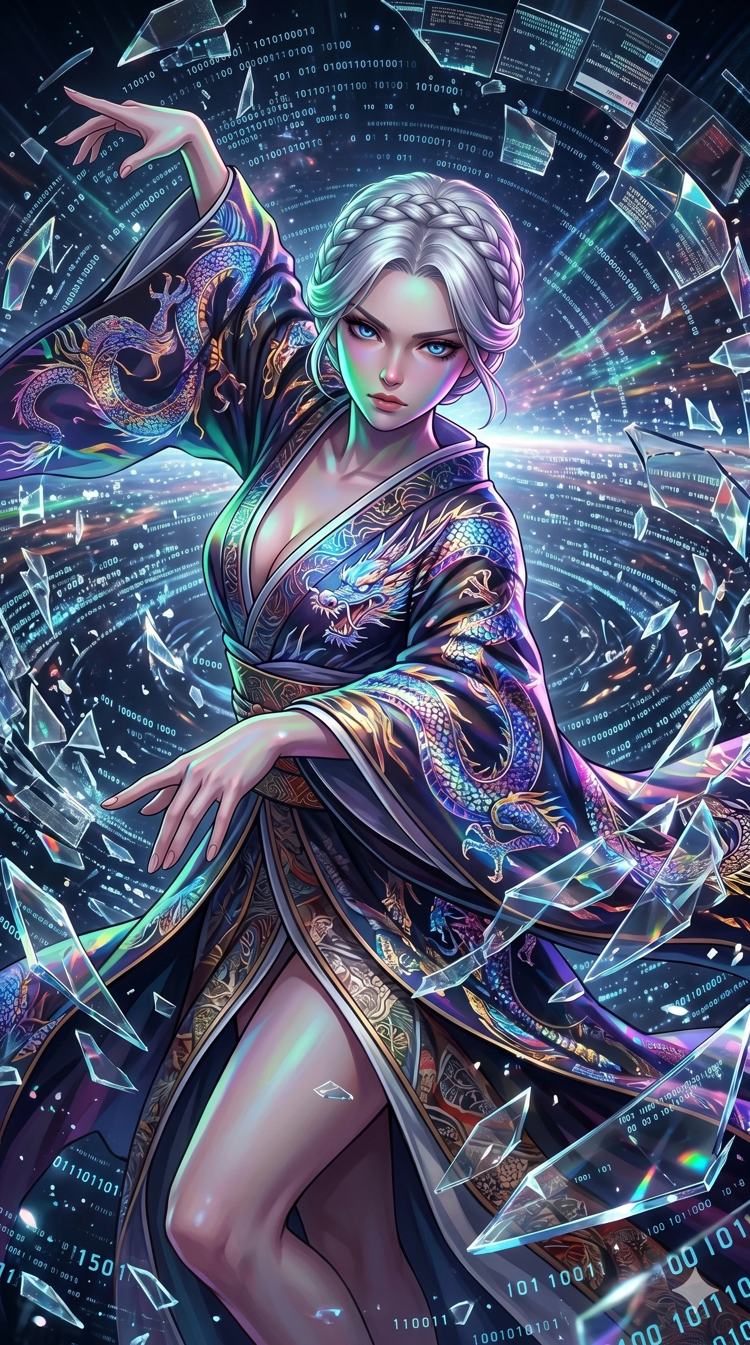 score_9, masterpiece, best quality, ultra-detailed, Set A: High-budget Anime Keyframe, Japanese woman. Upper body close-up from the thighs up, character filling the screen for maximum presence. Dancing through a virtual reality void, while a digital blizzard of 159 bits obscures the horizon and surrounded by shattered glass fragments. She has an absolutely perfect 8-heads proportion, an exceptionally tall and slender female figure with impossibly long slender legs and an ultra-slim waist. Sharp v-shaped jawline, high-bridge nose, intricate jewel-like eyes with depth, thick eyelashes, glossy lips with a natural sheen. Wearing Traditional fusion robe with a deep V-cut and holographic dragon embroidery. Cinematic lighting, vibrant colors, dramatic shadows, 2k, ultra detail, master piece, 9:16 ratio