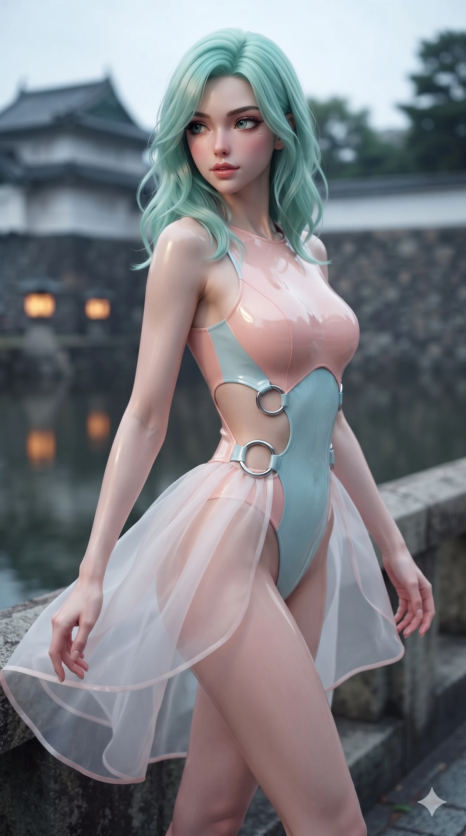 score_9, masterpiece, best quality, ultra-detailed, high-budget anime keyframe, editorial fashion photography, tasteful artistic composition, Japanese woman. close-up cowboy shot from the waist and thighs up, the character dominates the composition, filling the frame with her large presence. twisting her slender torso in a deep contrapposto stance, hips dramatically shifted to accentuate her feminine curves while looking past her shoulder with smoldering bedroom-eyes while walking slowly along the palace moat balustrade with feline poise, her long slender legs and curvy hips commanding the frame. The background shows a soft-focus historic royal palace moat softened in atmospheric architectural shallow focus. She has an exceptionally elegant, slender, and willowy female figure with an ultra-slim waist, flat toned midriff, narrow ribcage, and sculpted feminine hips creating an alluring, slim hourglass silhouette without bulk. sharp v-shaped jawline, high-bridge nose, sparkling eyes with hypnotic seductive depth, thick curled eyelashes, glossy parted lips with a natural dewy peach sheen, alluring bedroom-eyes with an enchanting coquettish smile, exuding magnetic siren charisma and sophisticated glamour, flawlessly proportioned anatomical accuracy, strict slender model proportions, natural body alignment, perfectly sculpted long slender limbs, ultra-slim waistline, clean dynamic posture without body distortion. wearing a provocative sheer nobang organza wrap overskirt layered over a form-fitting silk leotard with bare hip flanks in pastel peach blossom and celadon porcelain blue, crafted from wet-look high-gloss vinyl fabric with dazzling specular surface reflections, accented with sculptural chrome hardware rings framing the subtle cutouts, the bespoke structured tailoring following the natural line of her 8.5-heads silhouette with refined elegance. bathed in celestial full-moon light contrasting with warm architectural gate lanterns. ultra-reflective glossy finish, specular highlights, rich textural contrasts, high-contrast stereoscopic depth, volumetric dynamic lighting, 2k, ultra detail, master piece, 9:16 ratio