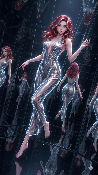score_9, masterpiece, best quality, ultra-detailed, High-budget Anime Keyframe, East Asian woman. Dynamic full-body shot stretching the vertical silhouette to the limit. Scenario 296: Suspended by invisible silk threads in a hall of mirrors. Her pres