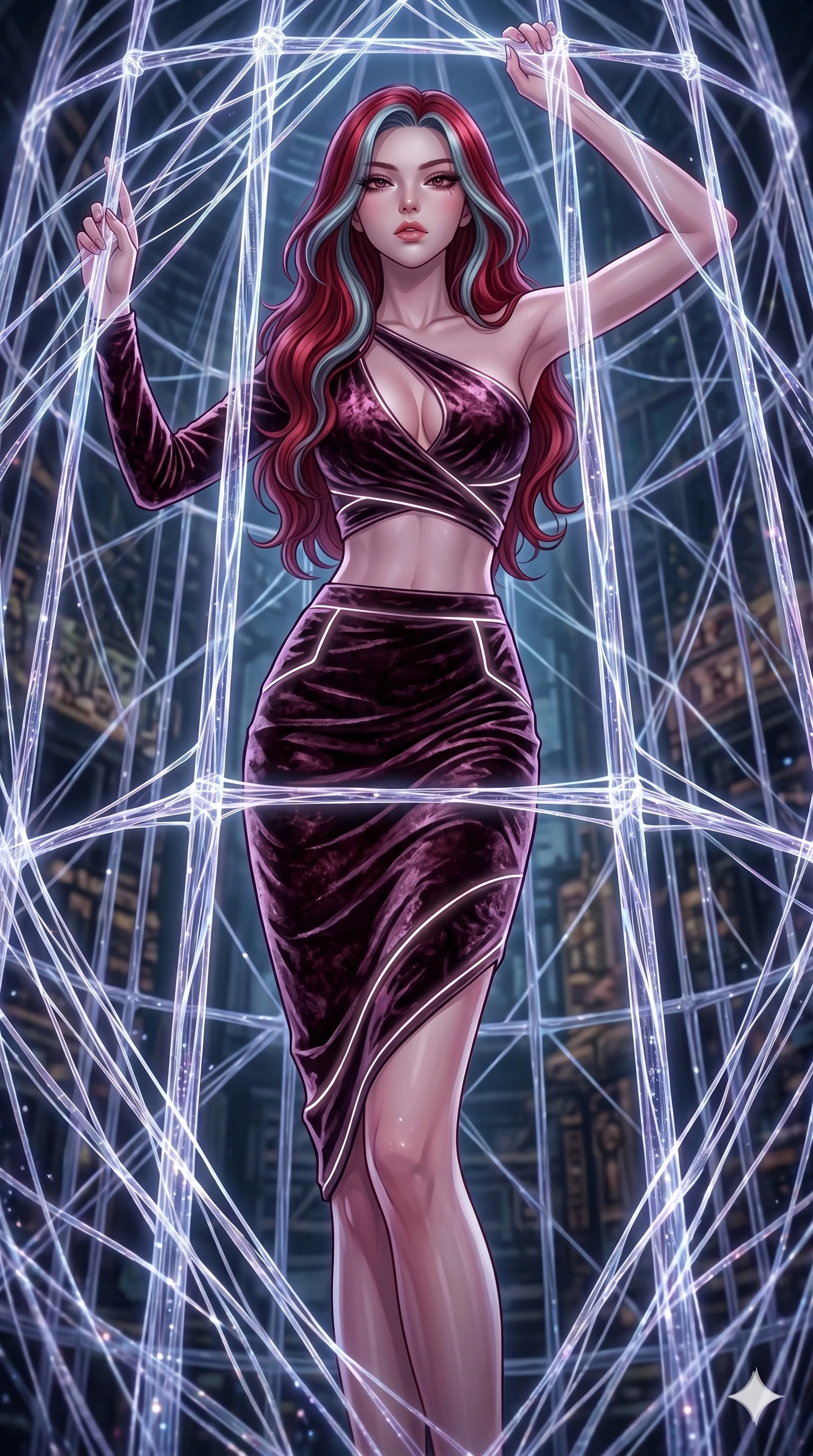 score_9, masterpiece, best quality, ultra-detailed, High-budget Anime Keyframe, East Asian woman. Dynamic full-body shot stretching the vertical silhouette to the limit. Scenario 212: Trapped in a cage of glowing crystalline fibers, body pressing against the bars. Her presence is magnetic and overpowering in this high-budget anime scene. Outfit 212: A crushed dark velvet second with a low-cut shoulder and glowing LED seams. The clothing is designed to emphasize her exceptionally tall and slender 8-heads proportion. 8-heads proportion, towering silhouette, ultra-slim waist. sharp v-shaped jawline, intricate jewel-like eyes with depth, thick eyelashes, glossy lips. 2k, ultra detail, master piece, 9:16 ratio