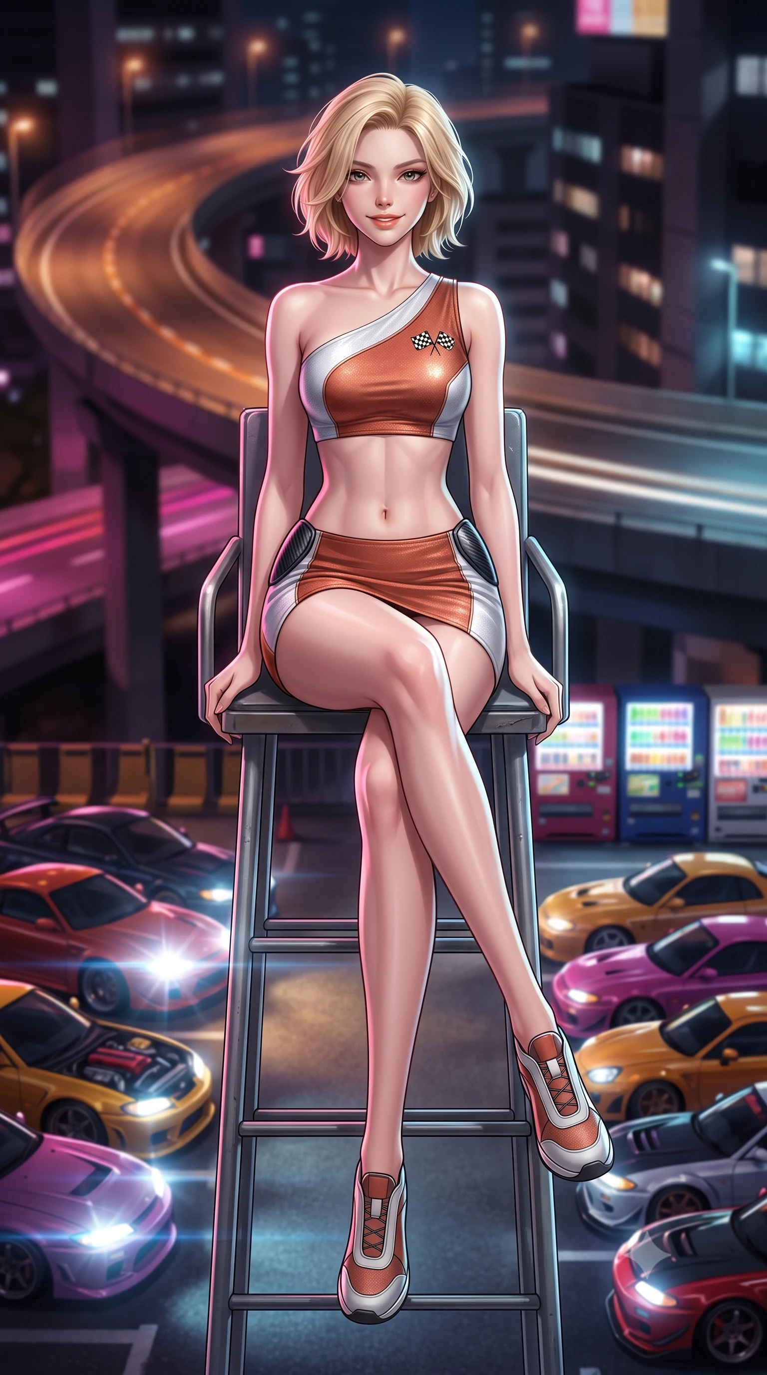 score_9, masterpiece, best quality, ultra-detailed, high-budget anime keyframe, semi-realistic 3D game render, editorial fashion photography, tasteful artistic composition, Caucasian woman. low angle full-body shot from head to toe showing her feet, filling the entire 9:16 vertical frame with her statuesque presence, stretching her vertical silhouette. sitting perched on the elevated umpire chair with legs crossed and hips angled toward the camera, displaying her toned midriff and long slender limbs with joyful, coquettish charm while walking slowly down the row of roaring tuned engines with sovereign swagger, her long slender legs and hourglass curves commanding the car meet. The background shows a soft-focus curving elevated Tokyo highway ramps, rows of customized sports cars, and illuminated vending machine banks blurred into magenta, amber, and cyan bokeh. She has an absolutely perfect, statuesque 8.5-heads proportion, an exceptionally tall and slender model-like female figure with impossibly long slender legs, an ultra-slim waist, a flat toned midriff, narrow delicate ribcage, and beautifully sculpted feminine hips creating a graceful, slim hourglass silhouette without any bulky heaviness. sharp v-shaped jawline, high-bridge nose, sparkling eyes with athletic focus and depth, thick curled eyelashes, glossy parted lips with a natural coral-peach sheen, bright confident and coquettish smile with alluring bedroom-eyes, exuding both youthful sporty vigor and sovereign high-society glamour, flawlessly proportioned anatomical accuracy, strict slender model proportions, natural body alignment, perfectly sculpted long slender limbs, ultra-slim waistline, clean dynamic posture without body distortion. wearing an asymmetric one-shoulder metallic racing mini dress with checkered flag embroidery hugging her narrow waist and hips in classic clay-court terracotta and cloud white, woven from metallic lurex and technical nylon with subtle starlight glints, accented with sleek aerodynamic carbon-fiber hip pads framing her narrow waist, the form-fitting tailored bodice adhering flawlessly to her sculpted flat midriff and slender torso, emphasizing her long leg lines and perfectly proportioned willowy build. illuminated by high-beam headlight flares and sharp chrome rim lights sculpting her razor-sharp jawline, narrow waist, and curvy hips. highly saturated vibrant anime colors, detailed shading with soft gradients, rich glossy textures, high-contrast stereoscopic depth, volumetric dynamic lighting, master piece, 9:16 ratio