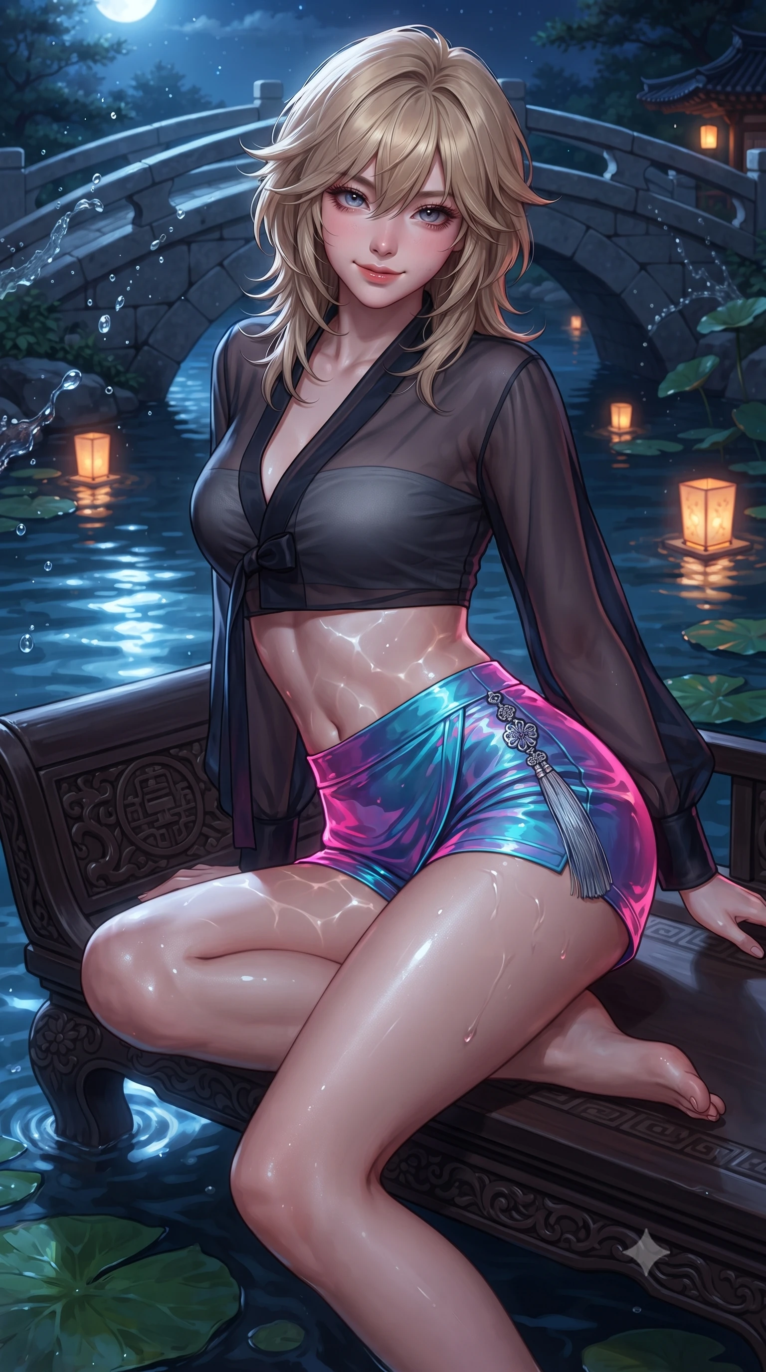 score_9, masterpiece, best quality, ultra-detailed, high-budget anime keyframe, editorial fashion photography, tasteful artistic composition, Japanese woman. close-up cowboy shot from the waist and thighs up, the character dominates the composition, filling the frame with her large presence. perched sideways on the lounge seat, one knee drawn up to showcase her slender leg line while her arched back accentuates her feminine hip curve while twisting her slender torso in an alluring S-curve, water rippling below casting liquid reflections over her flat midriff and hips. The surrounding environment is rendered in vivid detail and crisp panoramic clarity: sharp granite stone bridge masonry, water droplet splashes, and water lily leaf clarity in deep focus. She has an exceptionally elegant, slender, and willowy female figure with an ultra-slim waist, flat toned midriff, narrow ribcage, and sculpted feminine hips creating an alluring, slim hourglass silhouette without bulk. sharp v-shaped jawline, high-bridge nose, sparkling eyes with hypnotic seductive depth, thick curled eyelashes, glossy parted lips with a natural dewy peach sheen, alluring bedroom-eyes with an enchanting coquettish smile, exuding magnetic siren charisma and sophisticated glamour, flawlessly proportioned anatomical accuracy, strict slender model proportions, natural body alignment, perfectly sculpted long slender limbs, ultra-slim waistline, clean dynamic posture without body distortion. wearing a deep V-neck sheer gossamer hanbok blouse layered over an opaque silk bandeau and high-waisted wrap shorts in dual-tone high-contrast neon monochrome, crafted from wet-look high-gloss vinyl fabric with dazzling specular surface reflections, accented with an intricate silver norigae tassel swaying gracefully along her curving hip line, the liquid-tight tailored fabric clinging flawlessly to her narrow waist and rounded feminine hips, emphasizing every millimeter of her sculpted slim hourglass curves without any bulky heaviness. bathed in radiant celestial moonlight combined with floating candle lantern glows from the stream. ultra-reflective glossy finish, specular highlights, rich textural contrasts, high-contrast stereoscopic depth, volumetric dynamic lighting, 2k, ultra detail, master piece, 9:16 ratio