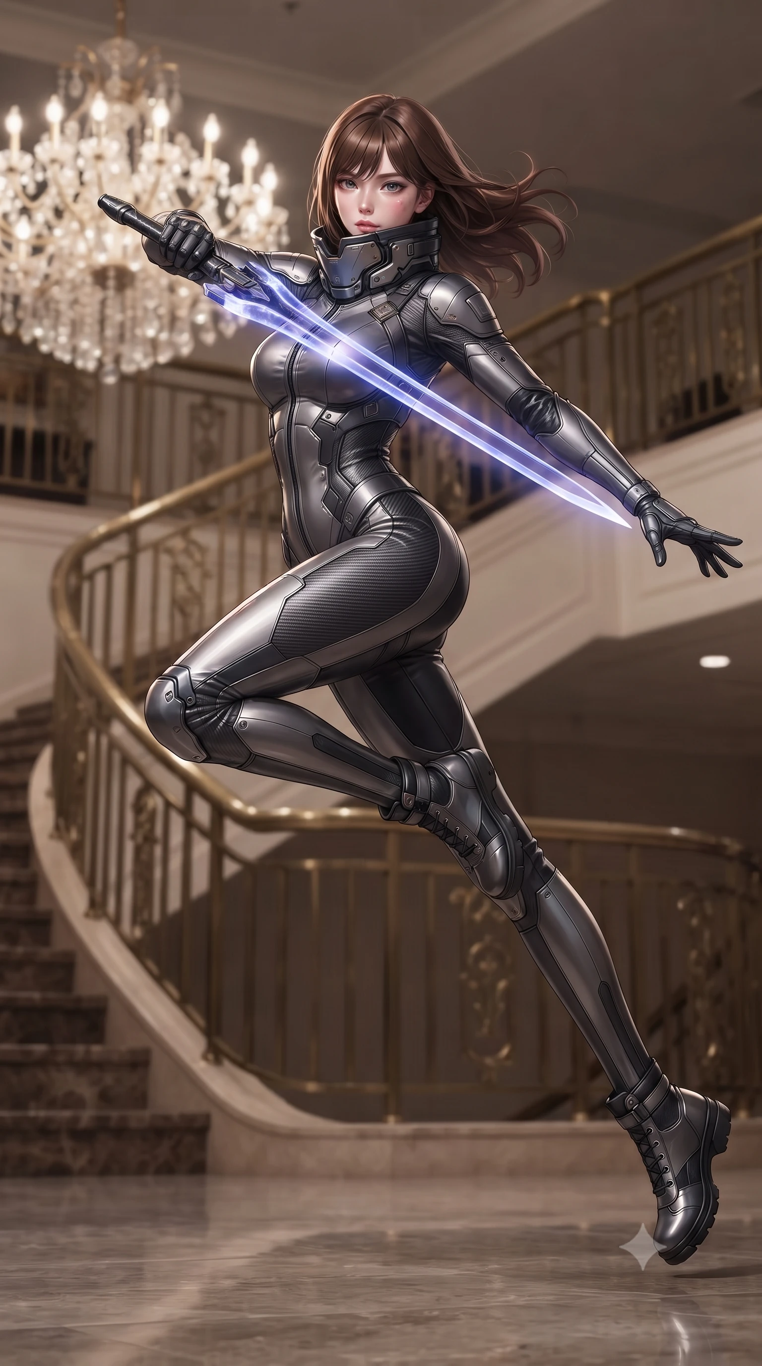 score_9, masterpiece, best quality, ultra-detailed, high-budget anime keyframe, editorial fashion photography, tasteful artistic composition, Korean woman. low angle full-body shot from head to toe showing her feet, filling the entire 9:16 vertical frame with her statuesque presence, stretching her vertical silhouette. leaping forward while slashing with a twin-bladed plasma sword in mid-air, her body-contouring suit showing her athletic silhouette, the background shows a soft-focus a grand staircase lobby with brass railings and crystal chandeliers in soft focus. She has an absolutely perfect, statuesque 8.5-heads proportion, an exceptionally tall and slender model-like female figure with impossibly long slender legs and an ultra-slim waist. sharp v-shaped jawline, high-bridge nose, intricate jewel-like eyes with depth, thick eyelashes, glossy lips with a natural sheen. wearing a slim-fit heavy-duty hazard suit with carbon reinforcement panels, featuring a high-neck protective collar and safety boots. soft spotlighting highlighting the silk textures of her elegant outfit. ultra-reflective glossy finish, specular highlights, metallic sheen, high-contrast stereoscopic depth, volumetric dynamic lighting, 2k, ultra detail, master piece, 9:16 ratio