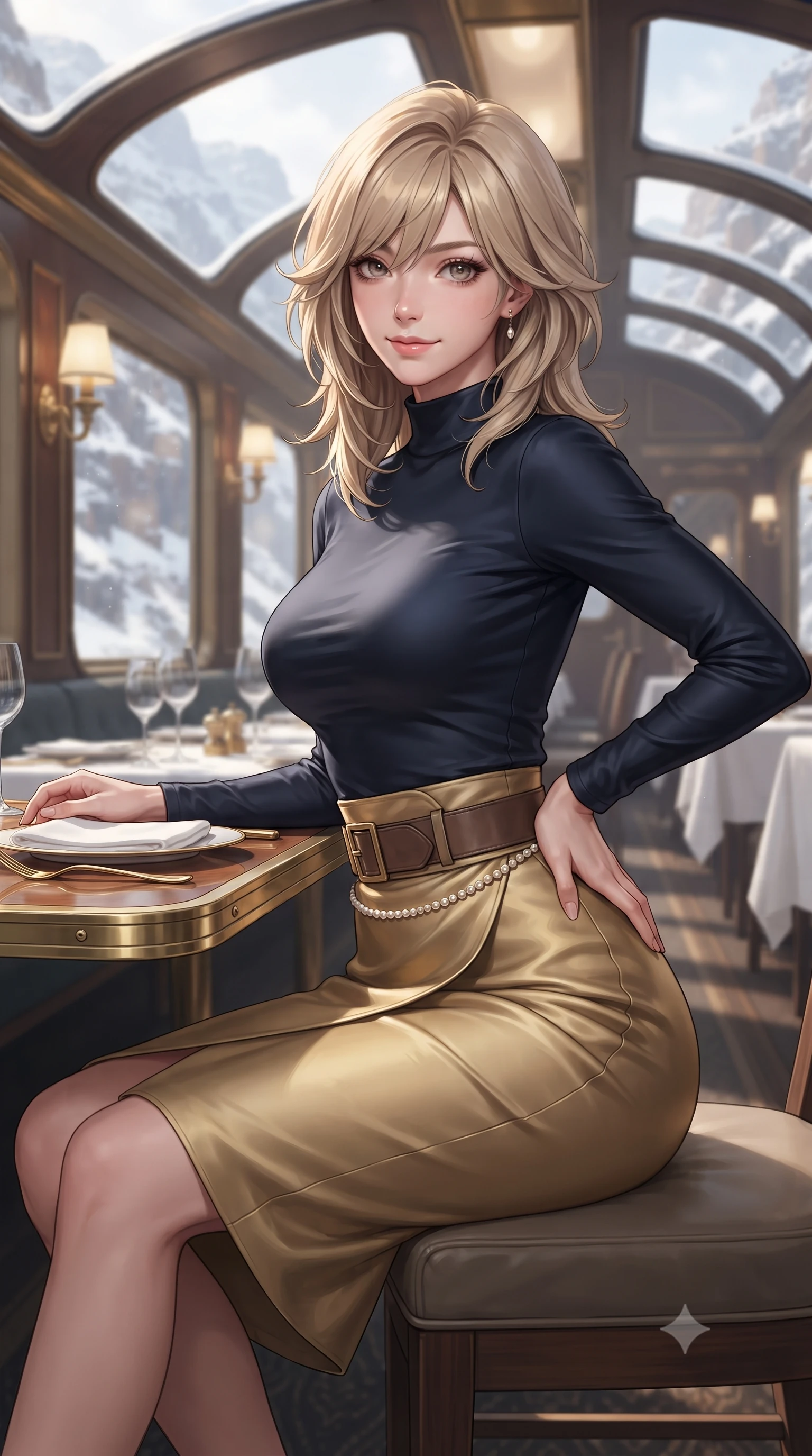 score_9, masterpiece, best quality, ultra-detailed, high-budget anime keyframe, editorial fashion photography, tasteful artistic composition, Japanese woman. close-up cowboy shot from the waist and thighs up, the character dominates the composition, filling the frame with her large presence. arching her lower back slightly with one hand resting on her sculpted hip, looking into the camera with an enchanting and coquettish smile while sitting poised at the brass-trimmed wood dining table beneath the curved glass ceiling, watching snow canyons sweep past with an enchanted smile. The background shows a soft-focus polished train car interior brass sconces and white linen table settings softened in vintage luxury rail romance shallow focus. She has an exceptionally elegant, slender, and willowy female figure with an ultra-slim waist, flat toned midriff, narrow ribcage, and sculpted feminine hips creating an alluring, slim hourglass silhouette without bulk. sharp v-shaped jawline, high-bridge nose, intricate jewel-like sparkling eyes with depth, thick eyelashes, glossy parted lips with a natural peach sheen, bright cheerful beaming smile with an enchanting and coquettish sensual glint, exuding both youthful cute charm and seductive allure, flawlessly proportioned anatomical accuracy, strict slender model proportions, natural body alignment, perfectly sculpted long slender limbs, ultra-slim waistline, clean dynamic posture without body distortion. wearing a tight-fitting mock-neck silk jersey top paired with a high-waisted wrap pencil skirt cinched with an obi-inspired leather belt in Ginza vintage brass gold and midnight navy, woven from fluid liquid silk jersey that clings smoothly to her narrow waist and rounded hips with a dewy sheen, accented with a dainty pearl waist chain catching the ambient sunlight across her sculpted waistline, the liquid-tight tailored fabric clinging flawlessly to her narrow waist and rounded feminine hips, emphasizing every millimeter of her sculpted slim hourglass curves without any bulky heaviness. bathed in dynamic shifting daylight filtering through curved glass roof panels as the train glides through alpine mountain passes. ultra-reflective glossy finish, specular highlights, rich textural contrasts, high-contrast stereoscopic depth, volumetric dynamic lighting, 2k, ultra detail, master piece, 9:16 ratio