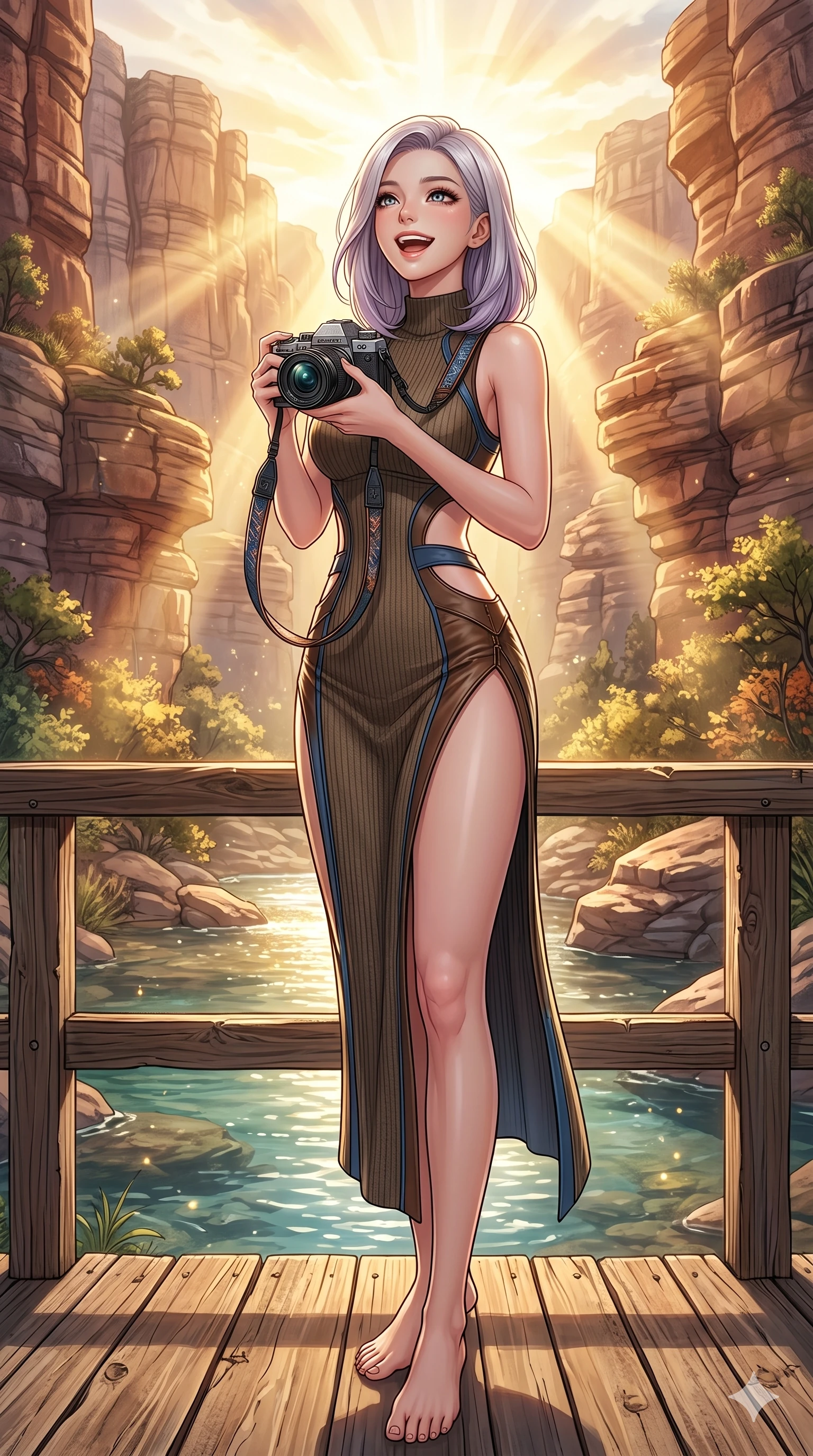 score_9, masterpiece, best quality, ultra-detailed, high-budget anime keyframe, vibrant anime aesthetic, Caucasian woman, strictly human ears. cowboy shot from the thighs up, character and outfit filling the frame for maximum presence. She is holding a camera with a bright grin, looking up with a joyful expression on a wooden deck over a river pool in a canyon (Code-P20-115). She has an absolutely perfect 8-heads proportion, an exceptionally tall and slender female figure with impossibly long slender legs and an ultra-slim waist. V-shaped jawline, high-bridge nose, intricate jewel-like eyes with depth, thick eyelashes, glossy lips with a natural sheen. wearing a bodycon dress with side cutouts and high-slit leg line. She is brilliant golden rays radiating from the spring sky, creating a warm glowing atmosphere. 2k, ultra detail, master piece, 9:16 ratio