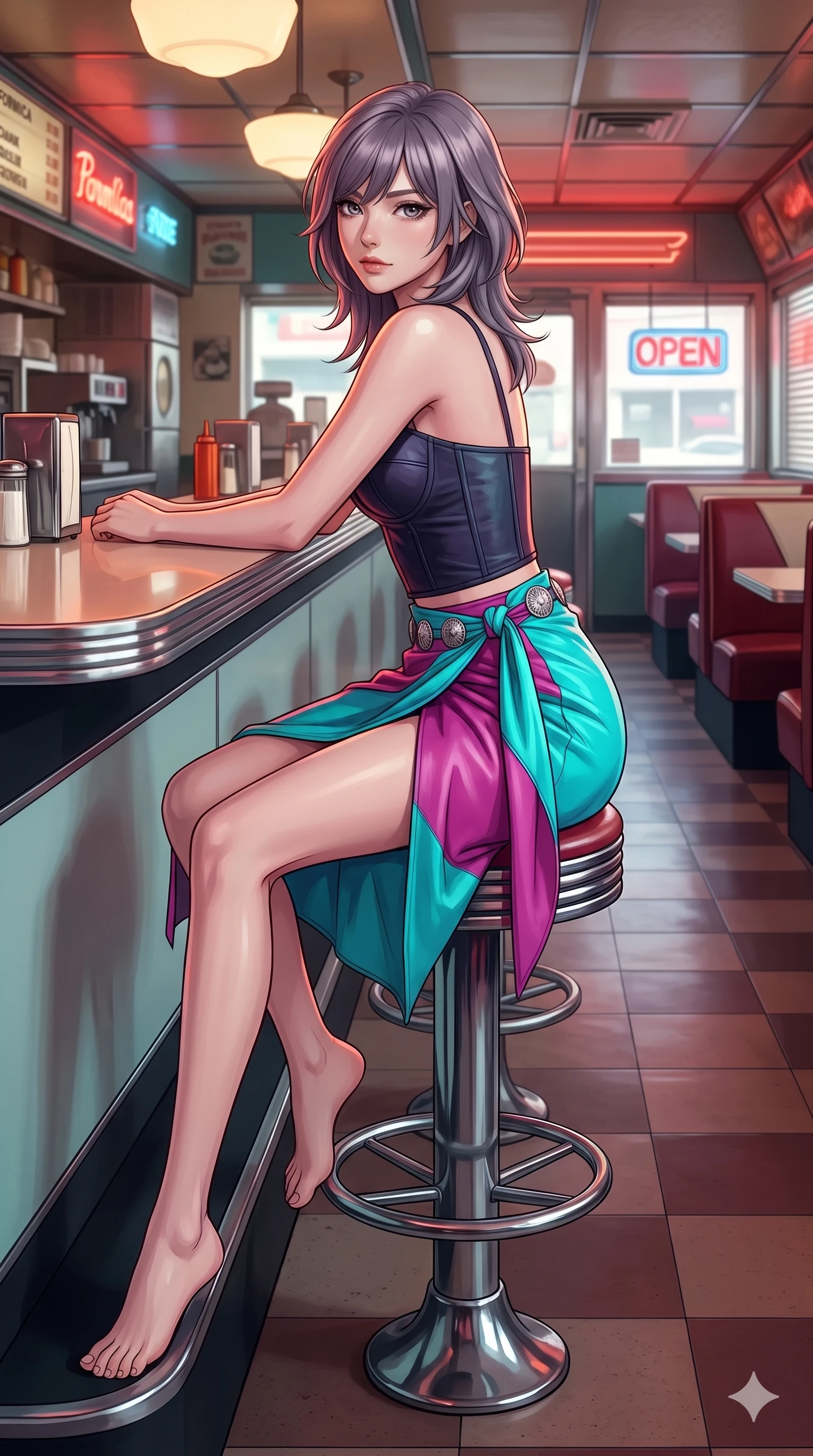 score_9, masterpiece, best quality, ultra-detailed, high-budget anime keyframe, semi-realistic 3D game render, editorial fashion photography, tasteful artistic composition, Japanese woman. low angle full-body shot from head to toe showing her feet, filling the entire 9:16 vertical frame with her statuesque presence, stretching her vertical silhouette. walking along the waterfront terrace with poise, looking back over her bare shoulder with an irresistible smoldering bedroom-gaze while sitting backwards on a swivel chrome counter stool with elbows resting on the counter edge, arching her lower back with flirtatious supermodel poise. The surrounding environment is rendered in vivid detail and crisp panoramic clarity: detailed cropped western shirt tailoring, tight cutoff shorts, and authentic Americana diner interior in razor-sharp precision. She has an absolutely perfect, statuesque 8.5-heads proportion, an exceptionally tall and slender model-like female figure with impossibly long slender legs, an ultra-slim waist, a flat toned midriff, narrow delicate ribcage, and beautifully sculpted feminine hips creating a graceful, slim hourglass silhouette without any bulky heaviness. sharp v-shaped jawline, high-bridge nose, sparkling eyes with hypnotic seductive depth, thick curled eyelashes, glossy parted lips with a natural dewy peach sheen, alluring bedroom-eyes with an enchanting coquettish smile, exuding magnetic siren charisma and sophisticated glamour, flawlessly proportioned anatomical accuracy, strict slender model proportions, natural body alignment, perfectly sculpted long slender limbs, ultra-slim waistline, clean dynamic posture without body distortion. wearing a structured underwire bikini bustier top paired with an ultra-short draped sarong wrap mini skirt in blazing desert neon turquoise and fiery magenta, tailored from buttery-soft glove lambskin leather clinging smoothly to her narrow waist and rounded hips, accented with authentic engraved silver concho medallions and turquoise cabochons, the form-contouring material adhering flawlessly to her sculpted flat midriff and slender torso, emphasizing her long leg lines and perfectly proportioned willowy build. illuminated by Formica tabletop bounce and sharp crimson-amber rim lights sculpting her razor-sharp jawline, narrow waist, and curvy hips. highly saturated vibrant anime colors, detailed shading with soft gradients, rich glossy textures, high-contrast stereoscopic depth, volumetric dynamic lighting, master piece, 9:16 ratio