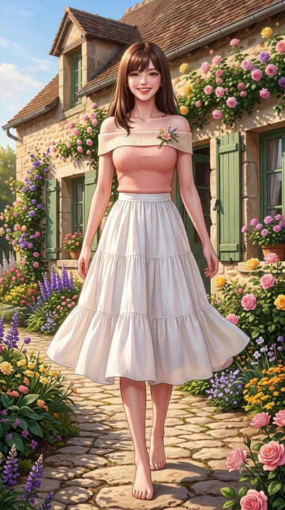 score_9, masterpiece, best quality, ultra-detailed, high-budget anime keyframe, semi-realistic 3D game render, editorial fashion photography, tasteful artistic composition, Korean woman. low angle full-body shot from head to toe showing her feet, fil