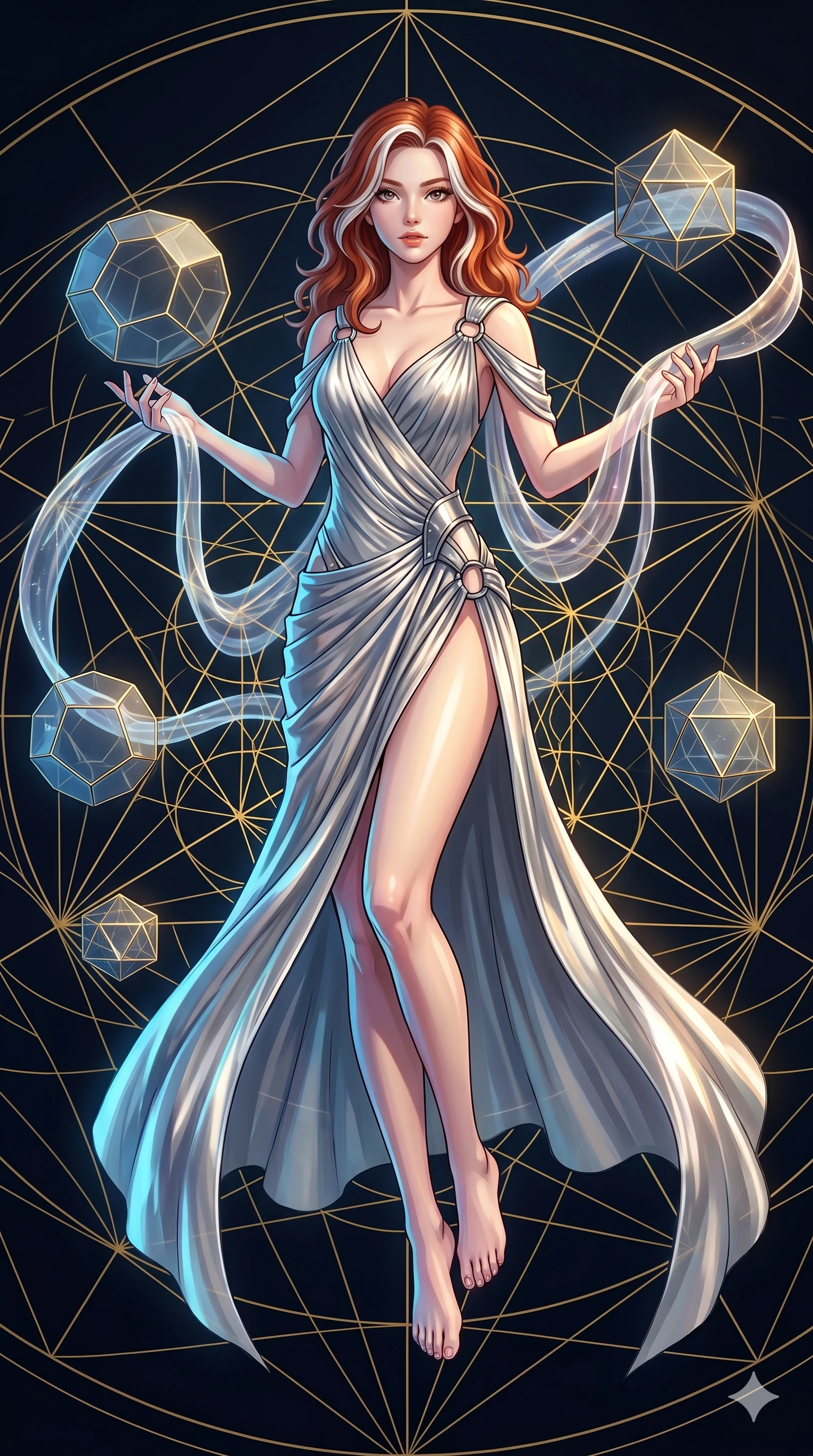 score_9, masterpiece, best quality, ultra-detailed, high-budget anime keyframe, Caucasian woman, strictly human ears. low angle full-body shot filling the entire 9:16 frame with her statuesque presence, stretching the vertical silhouette. floating gracefully in a mathematical mandala void filled with golden geometric lines of complex formulas, holding a translucent ribbon as she glides between floating regular polyhedrons. She has an absolutely perfect 8-heads proportion, an exceptionally tall and slender female figure with impossibly long slender legs and an ultra-slim waist. V-shaped jawline, high-bridge nose, intricate jewel-like eyes with depth, thick eyelashes, glossy lips with a natural sheen.. wearing a draped Grecian cyber-gown, featuring draped silver metallic chiffon held by metal ring hardware, displaying a high-leg line. accented by dynamic color-blocked lighting with high-contrast shadows emphasizing her statuesque height. 2k, ultra detail, master piece, 9:16 ratio