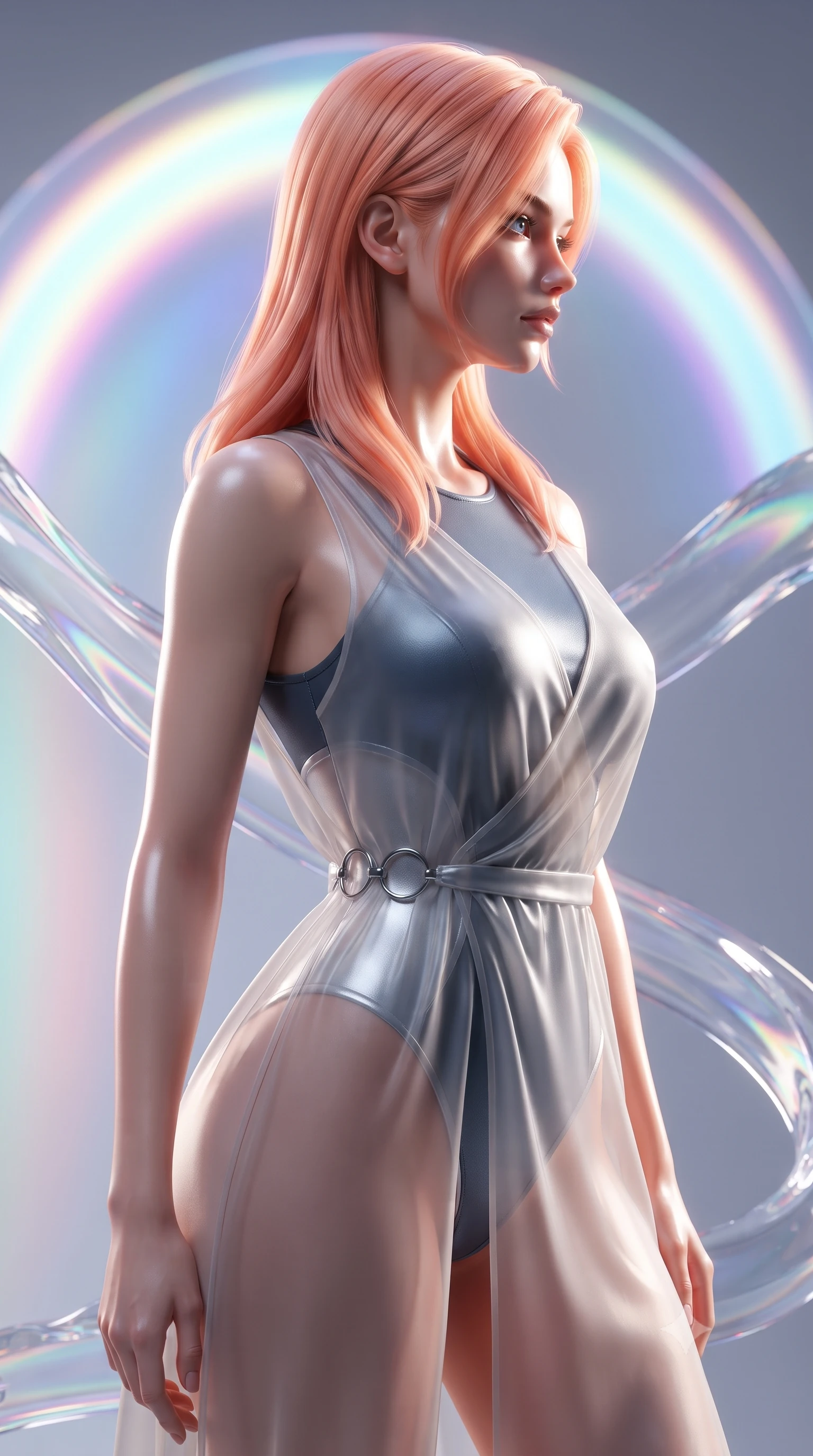 score_9, masterpiece, best quality, ultra-detailed, high-budget anime keyframe, editorial fashion photography, tasteful artistic composition, Japanese woman. close-up cowboy shot from the waist and thighs up, the character dominates the composition, filling the frame with her large presence, background elements kept in soft focus. Turning her face in sharp dramatic profile against the bright light, showcasing her sharp v-shaped jawline poised before a giant holographic canvas emitting luminous color arcs, translucent liquid acrylic trails creating dynamic motion paths. She has an exceptionally elegant, slender, and willowy female figure with an ultra-slim waist, a gracefully sculpted slender torso, and a refined silhouette. sharp v-shaped jawline, high-bridge nose, intricate jewel-like eyes with depth, thick eyelashes, glossy lips with a natural sheen. wearing a semi-opaque sheer overlay dress over a leather micro-bodysuit in slate blue and metallic silver, crafted from lustrous satin jersey with fluid draping, accented with delicate chrome ring hardware framing her waist, the elegant draped fit framing her graceful clavicle and slender torso. bathed in high-contrast vibrant studio lighting with sharp specular highlights. ultra-reflective glossy finish, specular highlights, metallic sheen, high-contrast stereoscopic depth, volumetric dynamic lighting, 2k, ultra detail, master piece, 9:16 ratio