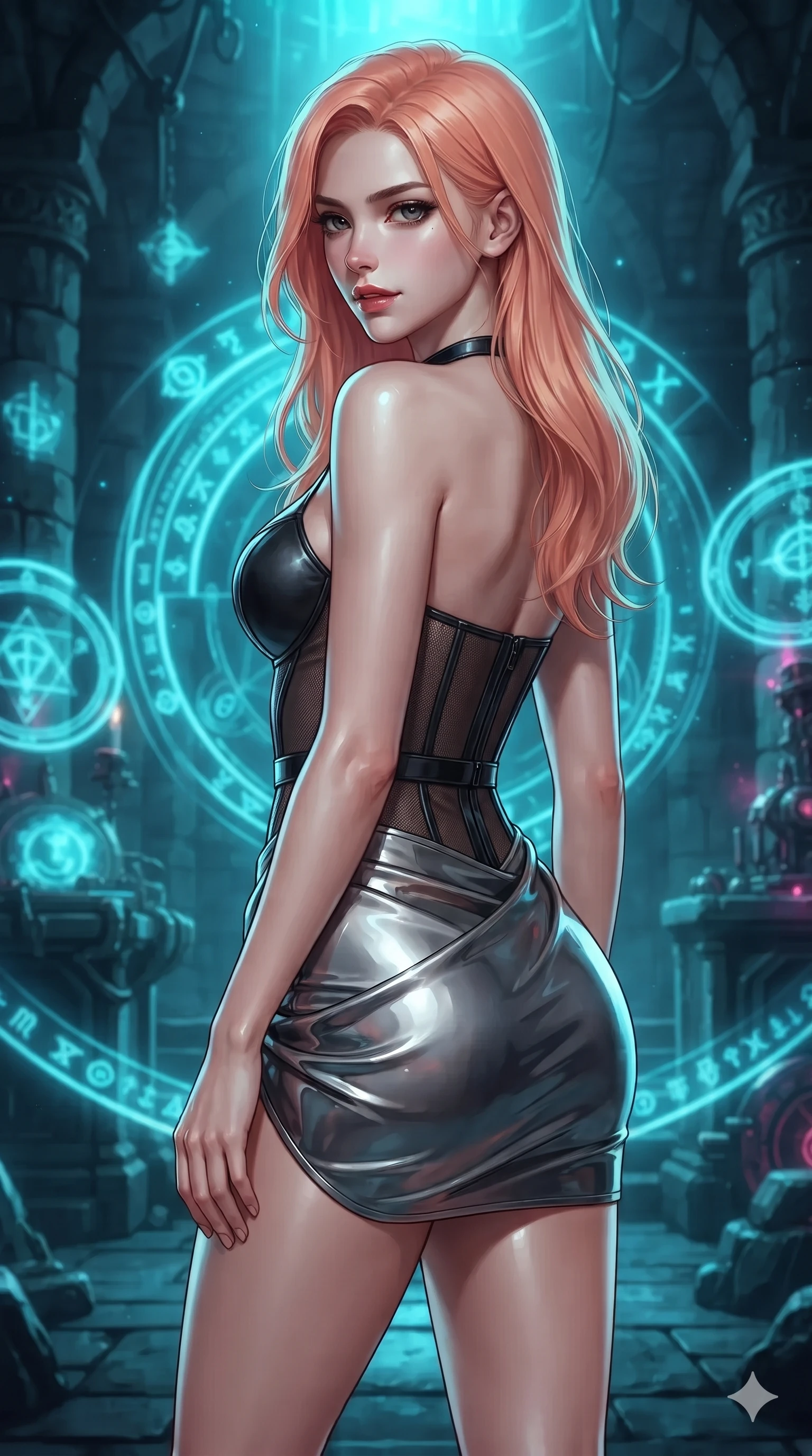 score_9, masterpiece, best quality, ultra-detailed, high-budget anime keyframe, editorial fashion photography, tasteful artistic composition, Japanese woman. close-up cowboy shot from the waist and thighs up, the character dominates the composition, filling the frame with her large presence. posing in an alluring rear three-quarter angle, turning over a bare shoulder with an intoxicating, smoldering gaze while walking slowly into the center of the revolving runic projection with hypnotic grace, hips swaying in an alluring sensual rhythm. The background shows a soft-focus cyber-occult subterranean sanctuary softened in mystical digital shallow focus. She has an exceptionally elegant, slender, and willowy female figure with an ultra-slim waist, flat toned midriff, narrow ribcage, and sculpted feminine hips creating an alluring, slim hourglass silhouette without bulk. sharp v-shaped jawline, high-bridge nose, intricate jewel-like dark sparkling eyes with hypnotic seductive depth, thick curled eyelashes, glossy parted lips with a natural wine sheen, alluring bedroom-eyes with an enigmatic smoldering smile, exuding magnetic sovereign charisma and dark avant-garde glamour, flawlessly proportioned anatomical accuracy, strict slender model proportions, natural body alignment, perfectly sculpted long slender limbs, ultra-slim waistline, clean dynamic posture without body distortion. wearing a structured underwire leather bustier top paired with an ultra-short draped wrap mini skirt in liquid mercury chrome and smoky quartz, crafted from fine dark contouring mesh with sheer geometric transparency, adorned with minimalist black onyx hardware framing the silhouette, the form-fitting cut adhering flawlessly to her sculpted flat midriff and slender torso, emphasizing her long leg lines and perfectly proportioned willowy build. illuminated by intense radiant neon cyan and ultraviolet holographic projections contrasting with pitch-black stone. ultra-reflective glossy finish, specular highlights, metallic sheen, high-contrast stereoscopic depth, volumetric dynamic lighting, 2k, ultra detail, master piece, 9:16 ratio