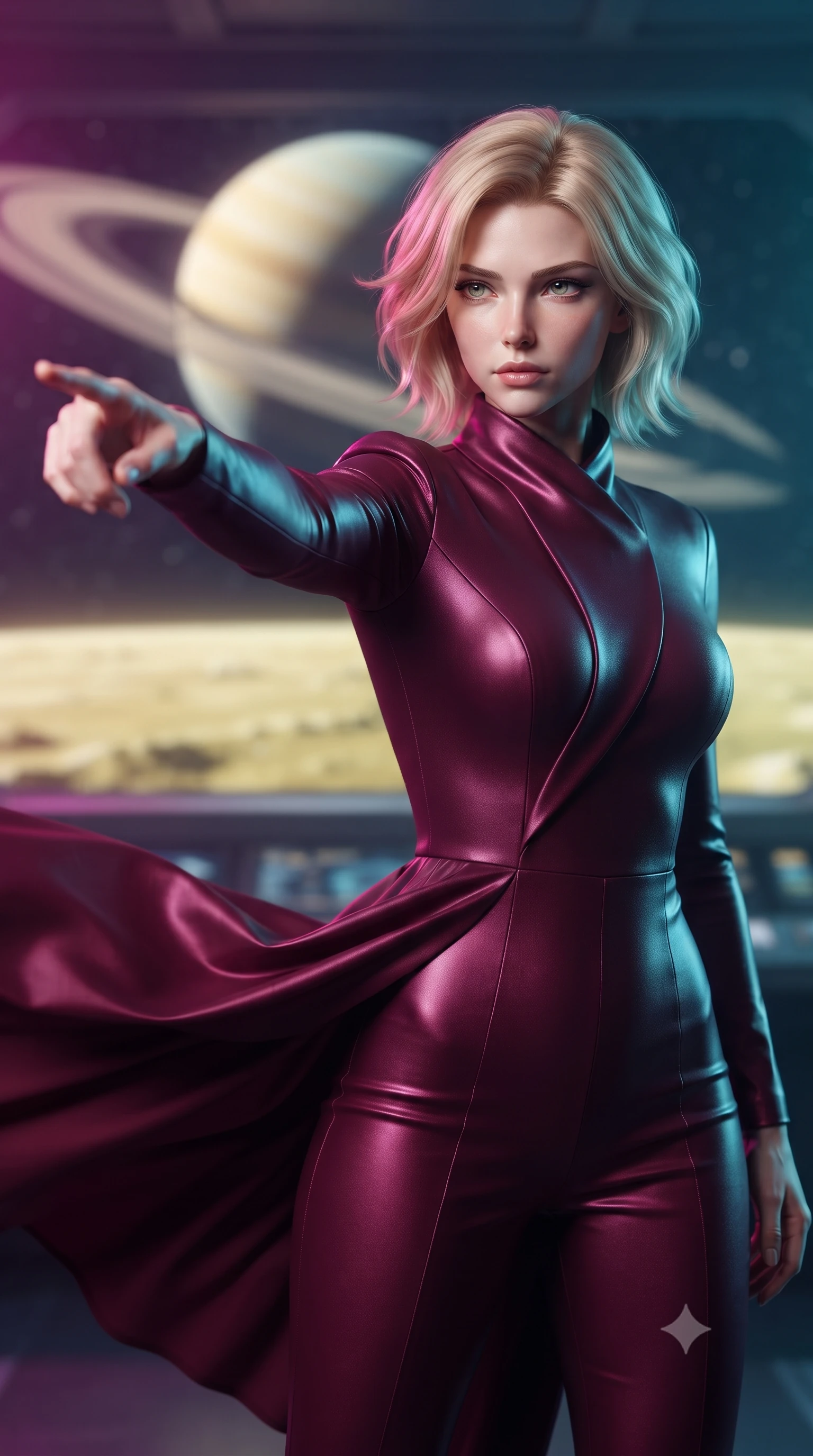 score_9, masterpiece, best quality, ultra-detailed, high-budget anime keyframe, editorial fashion photography, tasteful artistic composition, realistic cosplay photography, Caucasian woman, strictly human ears. close-up cowboy shot from the waist and thighs up, the character dominates the composition, filling the frame with her large presence, background elements kept in soft focus. Commanding the starship crew with a decisive gesture, pointing toward the galactic viewscreen. set against a soft-focus background of a plane of yellow ammonia ice under a sky dominated by a giant gas planet with prominent rings. She has an exceptionally elegant and slender, willowy female figure with an ultra-slim waist, a gracefully sculpted slender torso, and a refined slim physique. sharp v-shaped jawline, high-bridge nose, intricate jewel-like eyes with depth, thick eyelashes, glossy lips with a natural sheen. wearing the lightweight fabric rippling and billowing dramatically with her movement, a form-contouring precision-tailored jumpsuit in deep burgundy with a high wrap-front neck, highlighting her slim waist and long legs. dual-tone lighting with hot magenta from the left and cool cyan from the right. ultra-reflective glossy finish, specular highlights, metallic sheen, high-contrast stereoscopic depth, volumetric dynamic lighting, 2k, ultra detail, master piece, 9:16 ratio