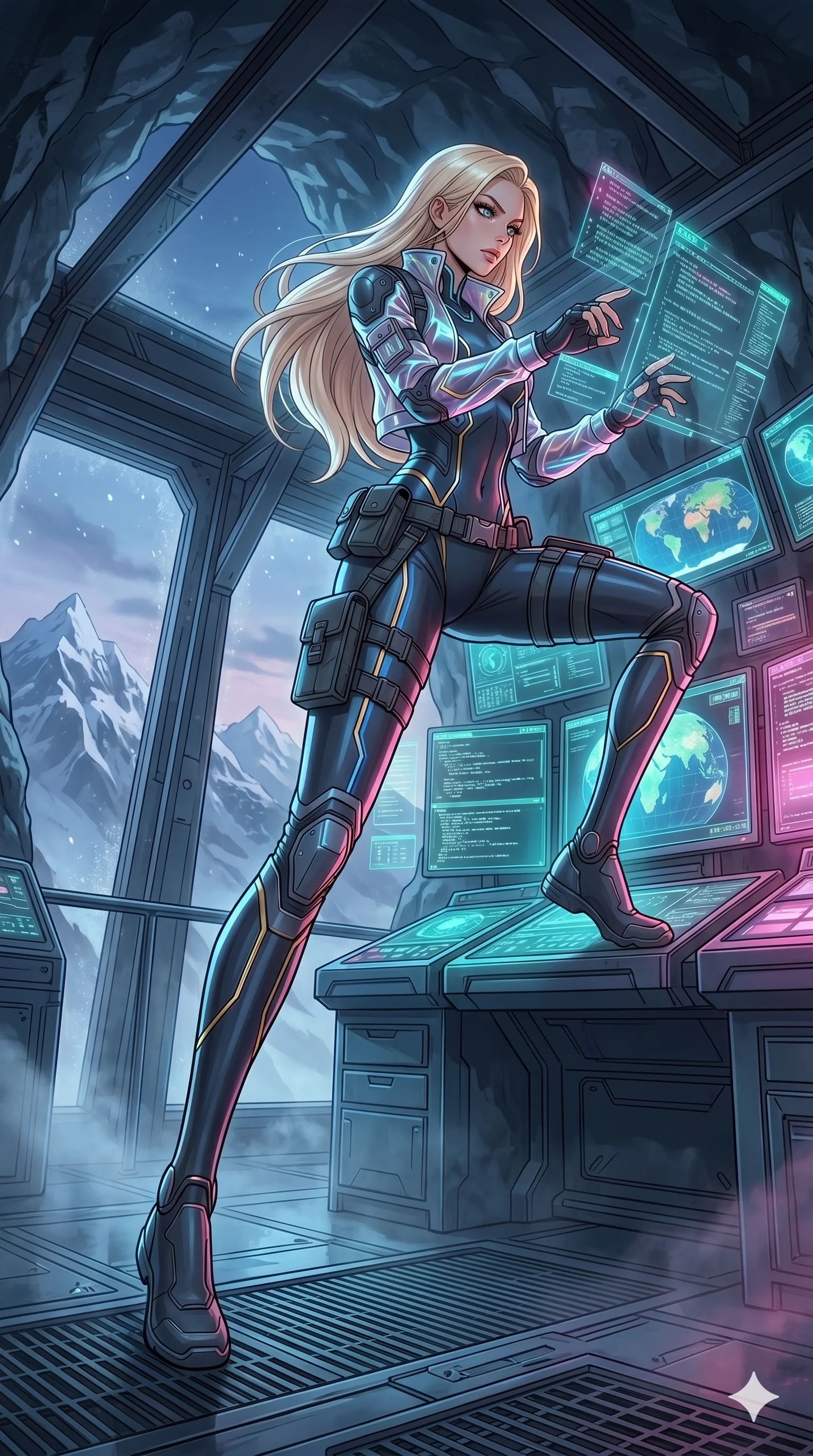 score_9, masterpiece, best quality, ultra-detailed, high-budget anime movie keyframe, cinematic anime lighting, intricate line art, Caucasian (strictly human ears) woman. Dynamic full-body shot stretching the vertical silhouette with extreme perspective. hacking the planetary climate control system from a mountain base. She has an absolutely perfect 8-heads proportion, an exceptionally tall and slender female figure with an ultra-slim waist and impossibly long slender legs. strictly human anatomy, two legs only, no extra limbs, clearly defined legs and arms, perfect anatomy, perfect hands and fingers. sharp v-shaped jawline, high-bridge nose, intricate jewel-like eyes, thick eyelashes, glossy lips. Wearing Tech-Fantasy: Cybernetic tech-suit with glowing seams, translucent PVC over leotard, and modular tactical gear. The scene is illuminated by dramatic atmospheric lighting and vibrant color palettes. , 2k, ultra detail, master piece, 9:16 ratio