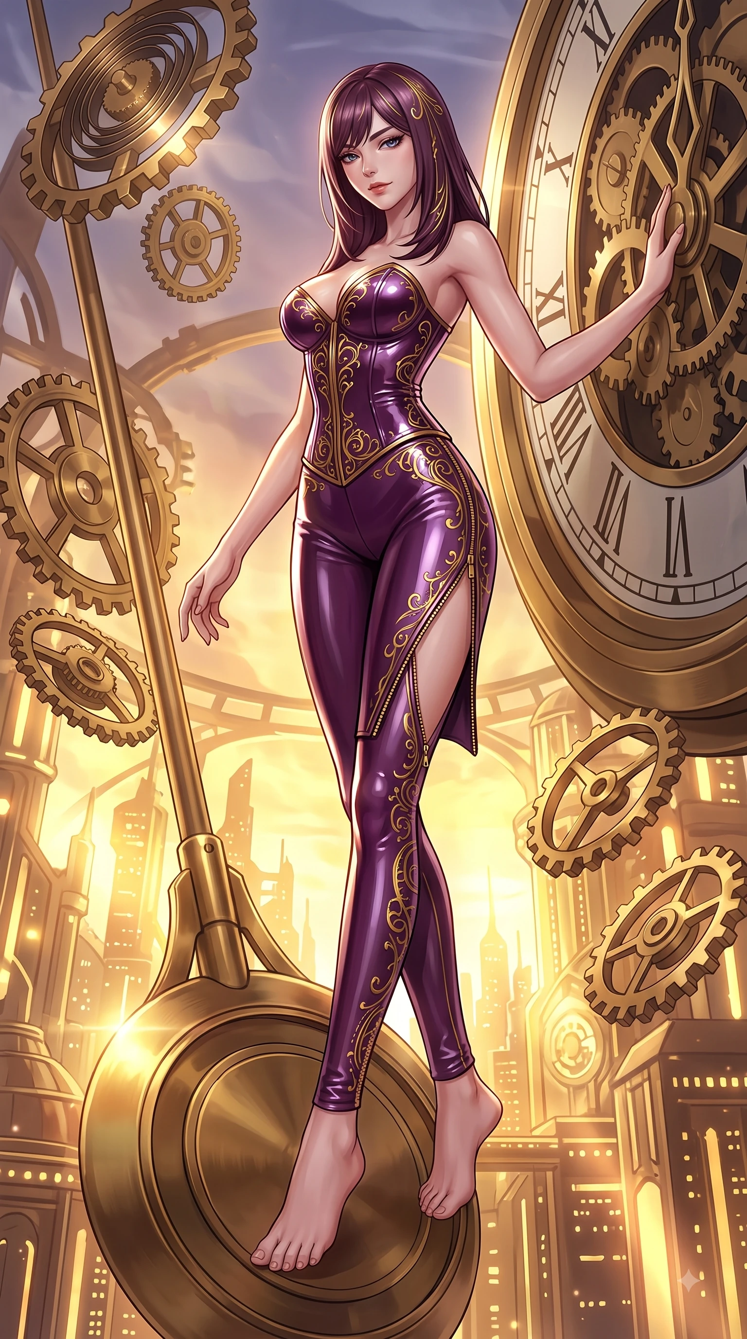 score_9, masterpiece, best quality, ultra-detailed, high-budget anime keyframe, editorial fashion photography, tasteful artistic composition, Korean woman. low angle full-body shot from head to toe showing her feet, filling the entire 9:16 vertical frame with her statuesque presence, stretching her vertical silhouette. forging dynamically through the scene with her long slender legs and ultra-slim waist creating a sweeping curve while resting against a mechanical clock pendulum swinging over a golden illuminated city below, floating brass gears and clocksprings casting intricate metallic reflections. She has an absolutely perfect, statuesque 8.5-heads proportion, an exceptionally tall and slender model-like female figure with impossibly long slender legs and an ultra-slim waist. sharp v-shaped jawline, high-bridge nose, intricate jewel-like eyes with depth, thick eyelashes, glossy lips with a natural sheen, flawlessly proportioned anatomical accuracy, natural body alignment, perfectly sculpted elegant limbs, clean dynamic posture without body distortion. wearing a tailored leather bustier over a sheer silk chiffon blouse in plum purple and gold filigree, tailored from high-gloss patent leather, finished with a sleek side slit ascending to mid-thigh, the glove-like fit emphasizing her statuesque silhouette during motion. illuminated by a brilliant golden hour glow filtering through clockwork dials. highly saturated vibrant anime colors, detailed shading with soft gradients, rich glossy textures, high-contrast stereoscopic depth, volumetric dynamic lighting, master piece, 9:16 ratio