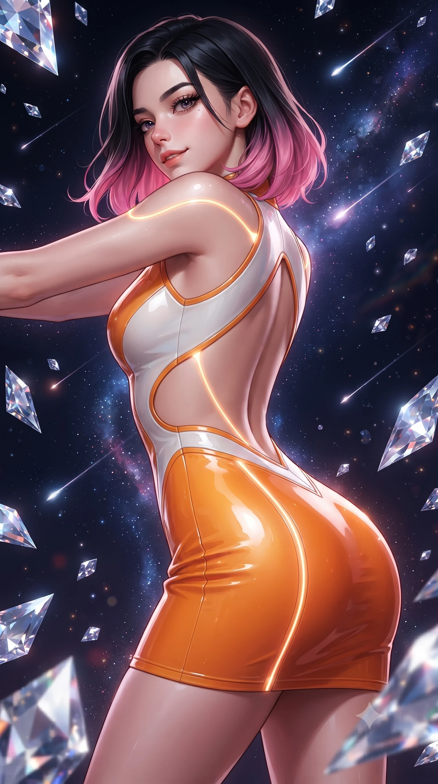 score_9, masterpiece, best quality, ultra-detailed, high-budget anime keyframe, editorial fashion photography, tasteful artistic composition, Korean woman. close-up cowboy shot from the waist and thighs up, the character dominates the composition, filling the frame with her large presence. stretching forward with an alluring arch of her spine, glancing over her shoulder with thick eyelashes and a smoldering half-smile while arching her spine in a fluid zero-gravity turn as cosmic stardust and diamond reflections outline her sculpted torso. The surrounding environment is rendered in vivid detail and crisp panoramic clarity. razor-sharp diamond crystal facet edges, glowing galactic arm filaments, and shooting star trails in deep focus. She has an exceptionally elegant, slender, and willowy female figure with an ultra-slim waist, a gracefully sculpted slender torso, toned flat midriff, and a refined slim silhouette. sharp v-shaped jawline, high-bridge nose, intricate jewel-like eyes with depth, thick eyelashes, glossy lips with a natural sheen, flawlessly proportioned anatomical accuracy, strict slender model proportions, natural body alignment, perfectly sculpted long slender limbs, ultra-slim waistline, clean dynamic posture without body distortion. wearing a second-skin fashion-latex mini dress with a clean architectural front, featuring an open-back design that wraps around the sides of her waist, showcasing her slender silhouette in vivid sunset amber orange and cloud white, formed from high-gloss patent material with specular light reflections, accented with glowing fiber-optic seams tracing her collarbones and hip curves, the sleek second-skin cut tightly hugging her graceful clavicle, narrow waist, and feminine curves with athletic precision. surrounded by an awe-inspiring, divine, and radiantly sensual cosmic goddess aura. ultra-reflective glossy finish, specular highlights, metallic sheen, high-contrast stereoscopic depth, volumetric dynamic lighting, 2k, ultra detail, master piece, 9:16 ratio