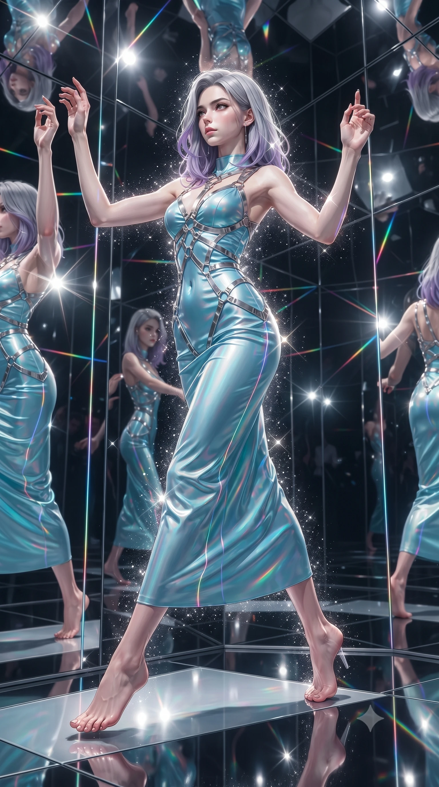 score_9, masterpiece, best quality, ultra-detailed, high-budget anime keyframe, editorial fashion photography, tasteful artistic composition, Caucasian woman. low angle full-body shot from head to toe showing her feet, filling the entire 9:16 vertical frame with her statuesque presence, stretching her vertical silhouette. stepping gracefully through the radiant environment, stretching her statuesque silhouette, navigating a mirror maze scattering sharp specular highlights in every direction, razor-sharp rainbow light lines tracing her silhouette contours. She has an absolutely perfect, statuesque 8.5-heads proportion, an exceptionally tall and slender model-like female figure with impossibly long slender legs and an ultra-slim waist. sharp v-shaped jawline, high-bridge nose, intricate jewel-like eyes with depth, thick eyelashes, glossy lips with a natural sheen. wearing form-contouring liquid silver jersey long slip dress in sky blue turquoise, made of iridescent turquoise taffeta, highlighted by a platinum metallic harness structure, highlighting her statuesque proportions and ultra-slim waistline. surrounded by a sparkling diamond dust rim light aura. ultra-reflective glossy finish, specular highlights, metallic sheen, high-contrast stereoscopic depth, volumetric dynamic lighting, 2k, ultra detail, master piece, 9:16 ratio