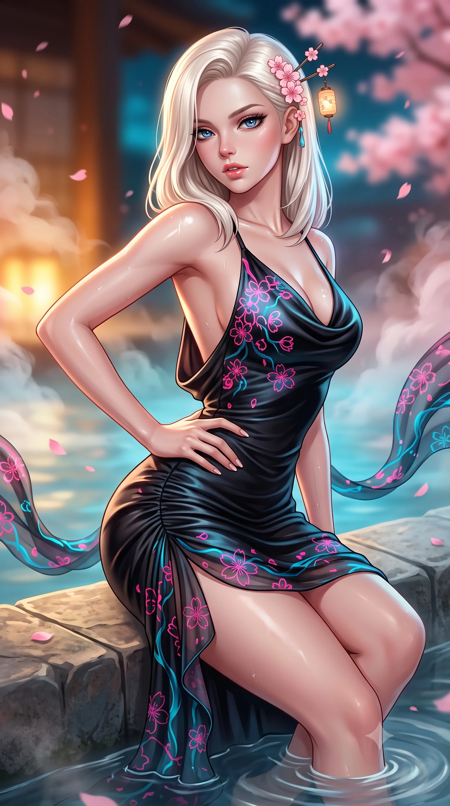 score_9, masterpiece, best quality, ultra-detailed, high-budget anime keyframe, semi-realistic 3D game render, editorial fashion photography, tasteful artistic composition, Caucasian woman. close-up cowboy shot from the waist and thighs up, the character dominates the composition, filling the frame with her large presence. resting one manicured hand delicately on her hip bone, her upper body turning in a fluid, seductive S-curve while parted lips glisten in the light while sitting on the stone infinity pool edge with legs dipped in water, turning her upper body in an alluring S-curve toward the camera. The composition keeps background elements in soft focus with creamy bokeh. swirling thermal steam clouds and falling sakura petals blurred into soft blossom-pink, warm amber, and deep cyan bokeh. She has an exceptionally elegant, slender, and willowy female figure with an ultra-slim waist, a gracefully sculpted slender torso, toned flat midriff, and rounded feminine hips creating an alluring hourglass silhouette. sharp v-shaped jawline, high-bridge nose, intricate jewel-like eyes with depth, thick eyelashes, glossy parted lips with a natural sheen, intensely captivating and seductive bedroom-eyes expression, flawlessly proportioned anatomical accuracy, strict slender model proportions, natural body alignment, perfectly sculpted long slender limbs, ultra-slim waistline, clean dynamic posture without body distortion. wearing a form-contouring liquid satin slip dress with a deep cowl back and hip-defining ruching in pitch black silk with neon cherry blossom accents, woven from sheer cascading chiffon that ripples like water, accented with delicate cherry blossom hairpins and glowing paper lantern charms, the form-contouring material adhering flawlessly to her sculpted flat midriff and slender torso, emphasizing her long leg lines and perfectly proportioned willowy build. illuminated by wet specular reflections accentuating her sculpted collarbones, narrow waist, and curvy hips. highly saturated vibrant anime colors, detailed shading with soft gradients, rich glossy textures, high-contrast stereoscopic depth, volumetric dynamic lighting, master piece, 9:16 ratio