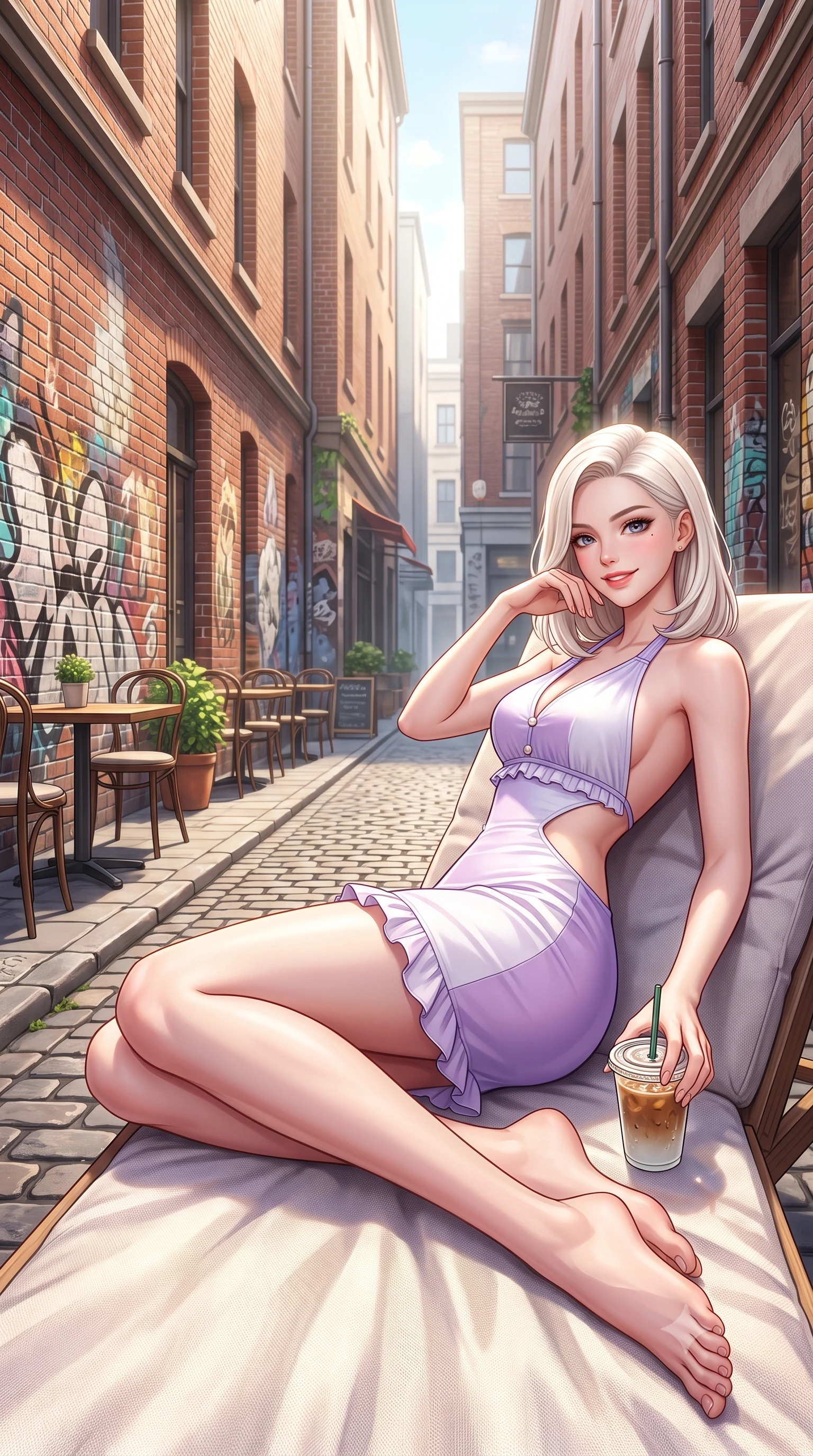 score_9, masterpiece, best quality, ultra-detailed, high-budget anime keyframe, semi-realistic 3D game render, editorial fashion photography, tasteful artistic composition, Caucasian woman. low angle full-body shot from head to toe showing her feet, filling the entire 9:16 vertical frame with her statuesque presence, stretching her vertical silhouette. reclining languidly on her side across the sunbed with one knee drawn up, her radiant smile and arched hip curve commanding the 9:16 vertical frame with youthful sensual charisma while walking down the lively cobblestone laneway with an iced coffee in hand, her form-contouring casual chic outfit accentuating her narrow waist and hips. The surrounding environment is rendered in vivid detail and crisp panoramic clarity. sharp red-brick wall textures, street art aerosol paint layers, and small bistro table details in deep focus. She has an exceptionally tall and slender model-like 8.5-heads proportion, an ultra-slim waist, a flat toned midriff, narrow delicate ribcage, and beautifully sculpted feminine hips creating a graceful, slim hourglass silhouette without any bulky heaviness, with impossibly long slender legs. sharp v-shaped jawline, high-bridge nose, intricate jewel-like sparkling eyes with depth, thick eyelashes, glossy parted lips with a natural peach sheen, bright cheerful beaming smile with an enchanting and coquettish sensual glint, exuding both youthful cute charm and seductive allure, flawlessly proportioned anatomical accuracy, strict slender model proportions, natural body alignment, perfectly sculpted long slender limbs, ultra-slim waistline, clean dynamic posture without body distortion. wearing a backless pastel halter sundress with side-waist diamond cutouts and an ultra-fitted hip-hugging silhouette in delicate lavender violet and pearlescent white, tailored from crisp cotton poplin with clean structural lines, finished with subtle ruffle trims and delicate pearl buttons, the precision-cut side openings and low-back scoop framing her graceful spine and the sensual sweep of her slim, toned hips. bathed in filtered morning sunlight slicing down between tall laneway brick buildings. highly saturated vibrant anime colors, detailed shading with soft gradients, rich glossy textures, high-contrast stereoscopic depth, volumetric dynamic lighting, master piece, 9:16 ratio