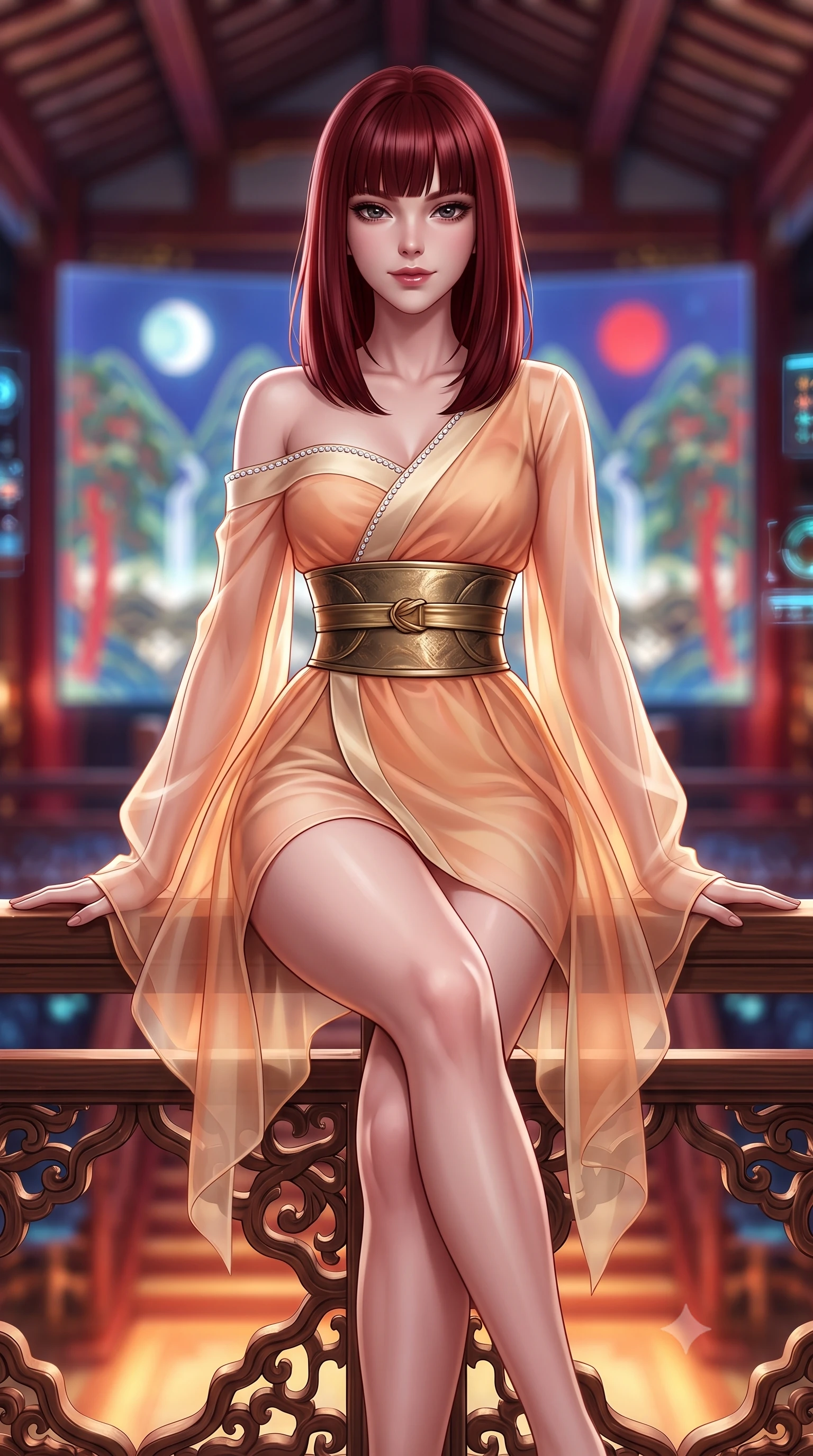 score_9, masterpiece, best quality, ultra-detailed, high-budget anime keyframe, semi-realistic 3D game render, editorial fashion photography, tasteful artistic composition, Caucasian woman. close-up cowboy shot from the waist and thighs up, the character dominates the composition, filling the frame with her large presence. leaning forward over the carved veranda balustrade while arching her lower back to accentuate her curvy hips, looking into the camera with an enchanting coquettish smile and bedroom-eyes while sitting poised on the royal throne steps with legs crossed, her tailored modern hanbok gown radiating majestic high-fashion charisma. The background shows a soft-focus the colossal holographic Sun, Moon, and Five Peaks screen and soaring royal ceiling rafters blurred into imperial crimson, sapphire, and gold bokeh. She has an exceptionally elegant, slender, and willowy female figure with an ultra-slim waist, flat toned midriff, narrow ribcage, and sculpted feminine hips creating an alluring, slim hourglass silhouette without bulk. sharp v-shaped jawline, high-bridge nose, intricate jewel-like dark sparkling almond eyes with depth, thick lashes, glossy parted lips with a natural rose-plum sheen, bright alluring and coquettish smile with bedroom-eyes, exuding both timeless oriental elegance and sovereign high-fashion allure, flawlessly proportioned anatomical accuracy, strict slender model proportions, natural body alignment, perfectly sculpted long slender limbs, ultra-slim waistline, clean dynamic posture without body distortion. wearing an asymmetric off-shoulder cyber-kimono mini dress with a wide metallic obi corset belt accentuating her narrow waist in warm peach apricot and soft vanilla silk, tailored from sheer gossamer silk organza with an airy weightless flutter, finished with subtle crystal rhinestones tracing the elegant neckline, the glove-like silhouette tightly following the natural contour of her hips and long slender legs with youthful 8.5-heads elegance. illuminated by under-floor warm uplighting and sharp platinum rim lights carving her razor-sharp jawline, narrow waist, and curvy hips. highly saturated vibrant anime colors, detailed shading with soft gradients, rich glossy textures, high-contrast stereoscopic depth, volumetric dynamic lighting, master piece, 9:16 ratio