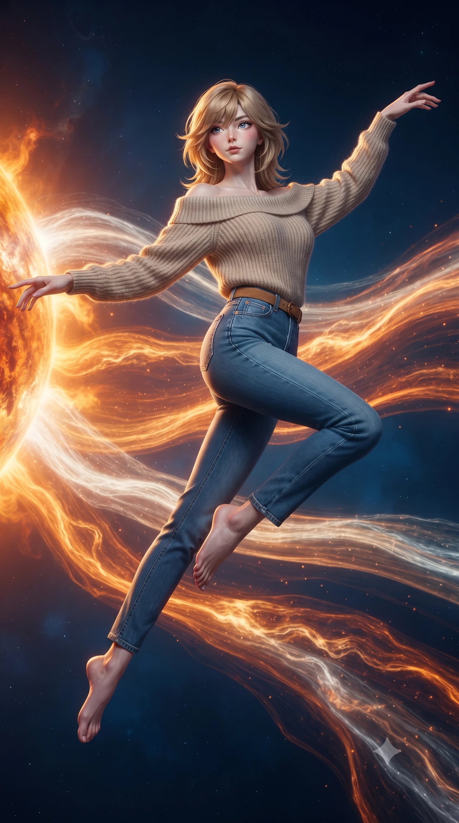 score_9, masterpiece, best quality, ultra-detailed, high-budget anime keyframe, editorial fashion photography, tasteful artistic composition, Korean woman. low angle full-body shot from head to toe showing her feet, filling the entire 9:16 vertical frame with her statuesque presence, stretching her vertical silhouette. leaping gracefully through a vast open expanse of space where enormous ribbons of solar wind in orange gold and white stream past like cosmic rivers their surfaces rippling with magnetic turbulence and charged particle cascades. She has a statuesque 8.5-heads proportion, an exceptionally tall, slender and willowy model-like build with impossibly long legs and a highly sculpted ultra-slim waist. sharp v-shaped jawline, high-bridge nose, intricate jewel-like eyes with depth, thick eyelashes, glossy lips with a natural sheen. wearing an oatmeal cashmere off-shoulder knit sweater layered over high-waisted raw blue denim and a camel suede belt. warm directional solar wind light in streaming orange and gold ribbons creating dramatic side-lighting with cool deep space blue providing contrast from the shadowed side. 2k, ultra detail, master piece, 9:16 ratio