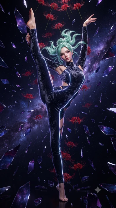score_9, masterpiece, best quality, ultra-detailed, High-budget Anime Keyframe, editorial fashion photography, tasteful artistic composition, realistic cosplay photography, East Asian woman. Dynamic full-body shot stretching the vertical silhouette t