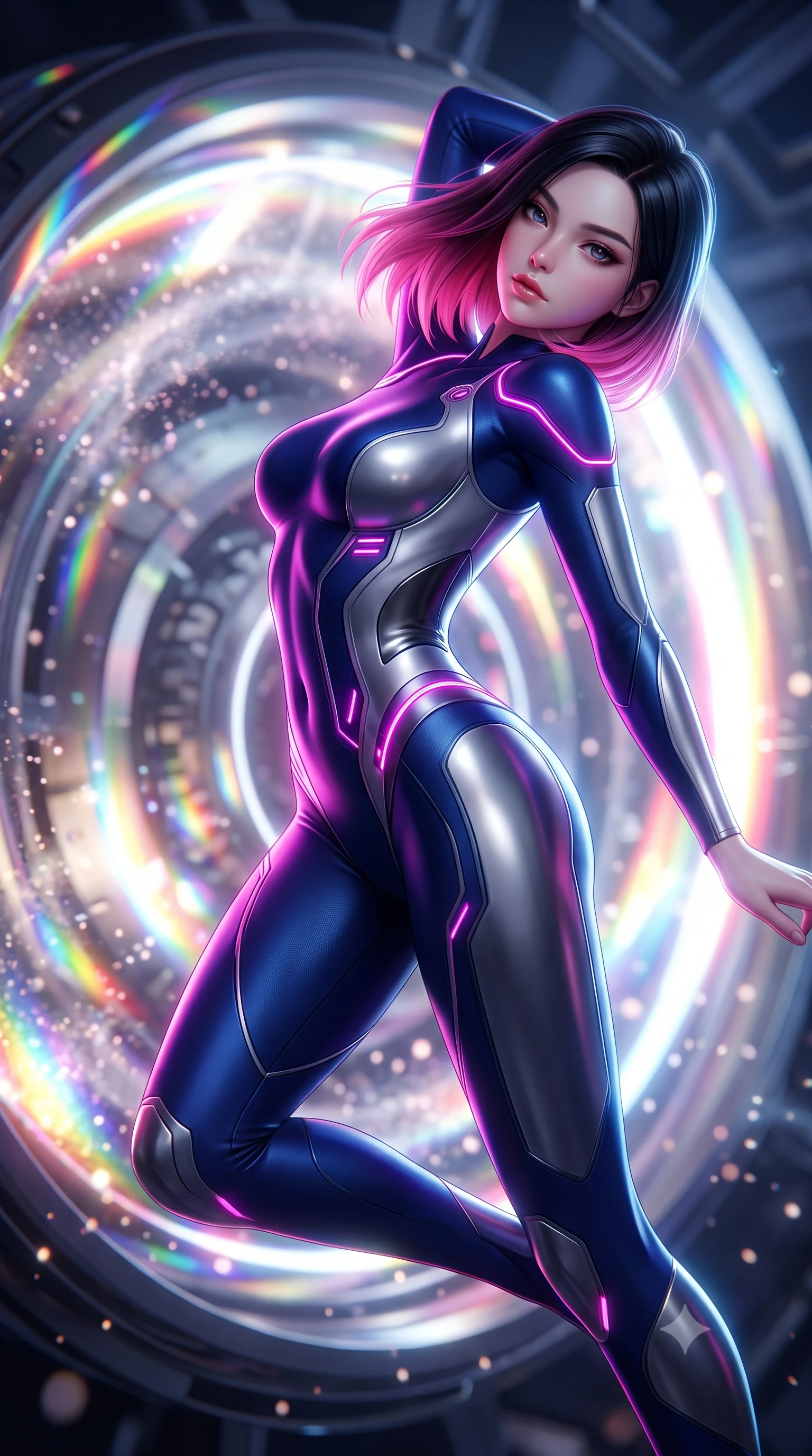 score_9, masterpiece, best quality, ultra-detailed, high-budget anime keyframe, semi-realistic 3D game render, editorial fashion photography, tasteful artistic composition, Korean woman. close-up cowboy shot from the waist and thighs up, the character dominates the composition, filling the frame with her large presence. stretching forward with an alluring arch of her spine, glancing over her shoulder with divine self-assurance and magnetic intensity while floating in zero-gravity at the core of a starship warp engine as gigantic rotating magnetic rings emit dazzling prism light. The composition keeps background elements in soft focus with creamy bokeh. blazing warp core energy beams and swirling particle clouds blurred into dazzling rainbow and white-hot bokeh. She has an exceptionally elegant, slender, and willowy female figure with an ultra-slim waist, a gracefully sculpted slender torso, toned flat midriff, and a refined slim silhouette. sharp v-shaped jawline, high-bridge nose, intricate jewel-like eyes with depth, thick eyelashes, glossy lips with a natural sheen, flawlessly proportioned anatomical accuracy, strict slender model proportions, natural body alignment, perfectly sculpted long slender limbs, ultra-slim waistline, clean dynamic posture without body distortion. wearing a statuesque midnight cobalt and polished platinum bodysuit featuring sleek aerodynamic contour lines and glowing circuit accents in vibrant electric magenta and ultra-reflective dark titanium, made of liquid jersey fabric that clings flawlessly to every contour of her build, accented with glowing fiber-optic seams tracing her collarbones and hip curves, the form-contouring material adhering flawlessly to her sculpted flat midriff and slender torso, emphasizing her long leg lines and perfectly proportioned willowy build. illuminated by intense directional rim lights sharply defining her ultra-slim waist, long legs, and flat midriff. rich saturated anime colors with glowing neon highlights, detailed shading with soft gradients, rich glossy textures, high-contrast stereoscopic depth, volumetric dynamic lighting, master piece, 9:16 ratio