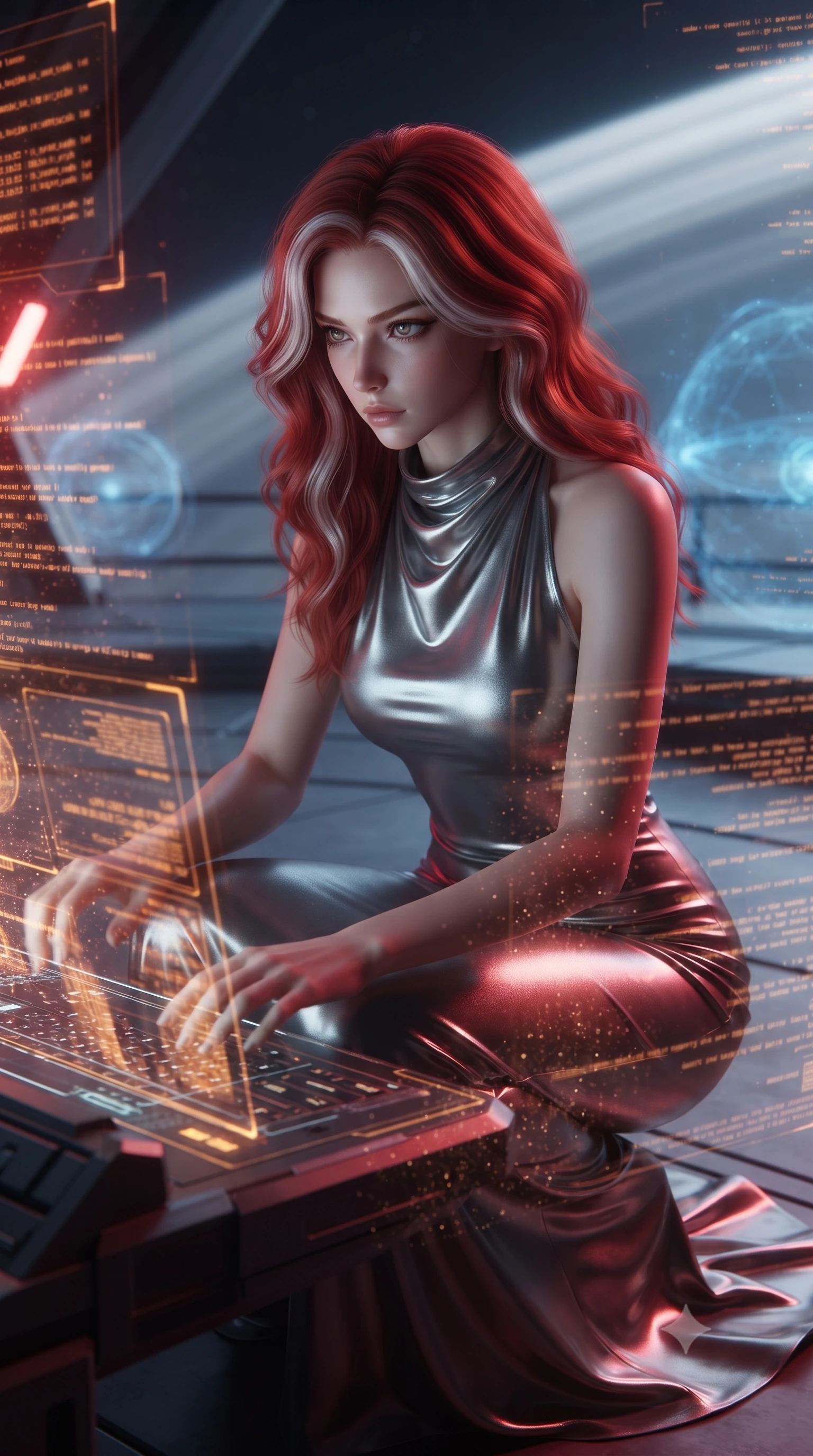 score_9, masterpiece, best quality, ultra-detailed, high-budget anime keyframe, editorial fashion photography, tasteful artistic composition, realistic cosplay photography, Caucasian woman, strictly human ears. close-up cowboy shot from the waist and thighs up, the character dominates the composition, filling the frame with her large presence, background elements kept in soft focus. Hacking a security terminal in a low crouch, fingers moving in a blur as amber code screens surround her. set against a soft-focus background of a high-altitude platform overlooking a planetary ring dock, energy fields humming all around. She has an exceptionally elegant and slender, willowy female figure with an ultra-slim waist, a gracefully sculpted slender torso, and a refined slim physique. sharp v-shaped jawline, high-bridge nose, intricate jewel-like eyes with depth, thick eyelashes, glossy lips with a natural sheen. wearing catching and diffusing the glowing particles, shimmering softly in response to the surrounding light, a form-contouring liquid mercury evening gown with a high cowl neckline, draping elegantly to contour her slender physique. deep crimson theatrical lighting with sharp specular highlights on every curve. ultra-reflective glossy finish, specular highlights, metallic sheen, high-contrast stereoscopic depth, volumetric dynamic lighting, 2k, ultra detail, master piece, 9:16 ratio